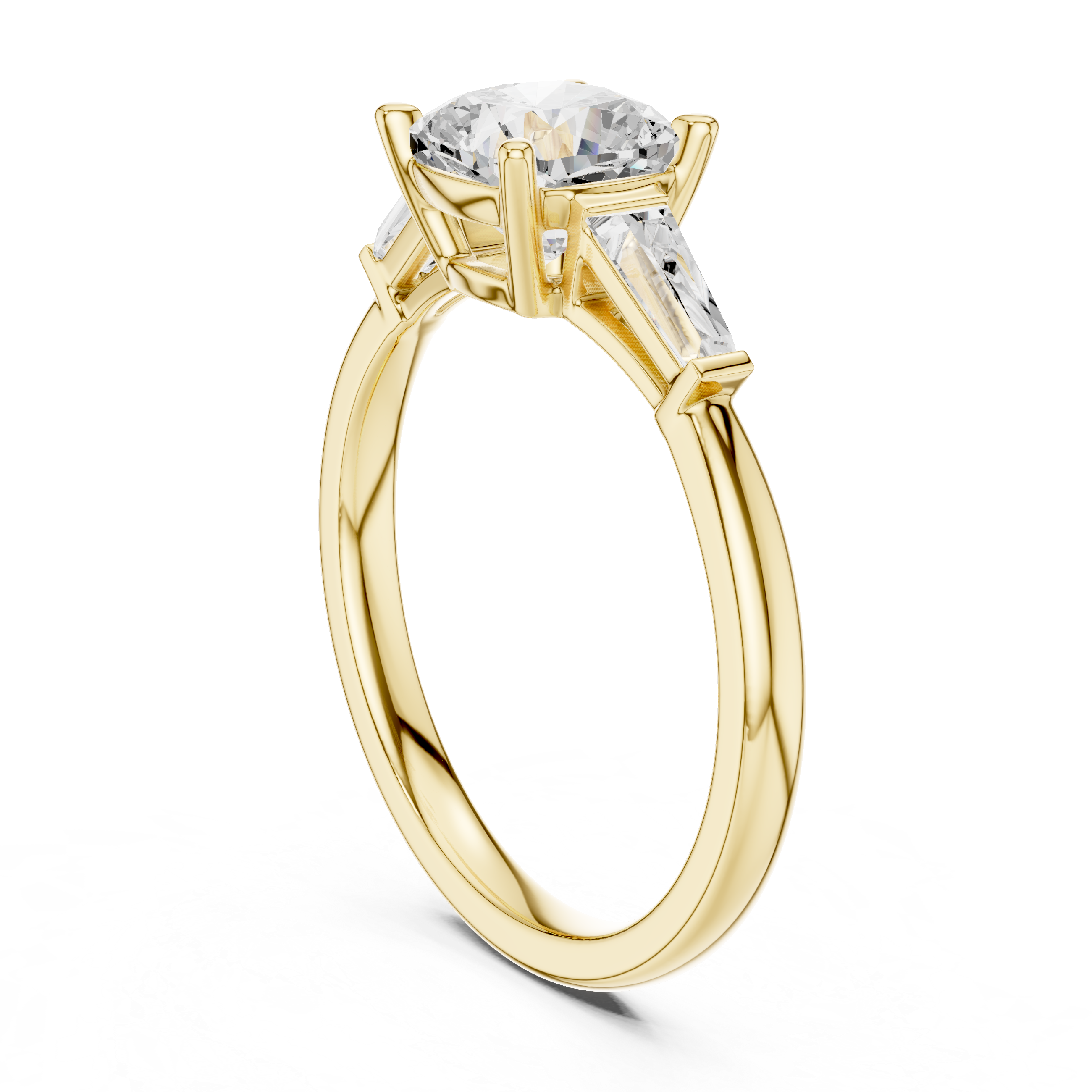 Cushion Cut Three Stone Engagement Ring with Tapered Baguette Side Diamonds