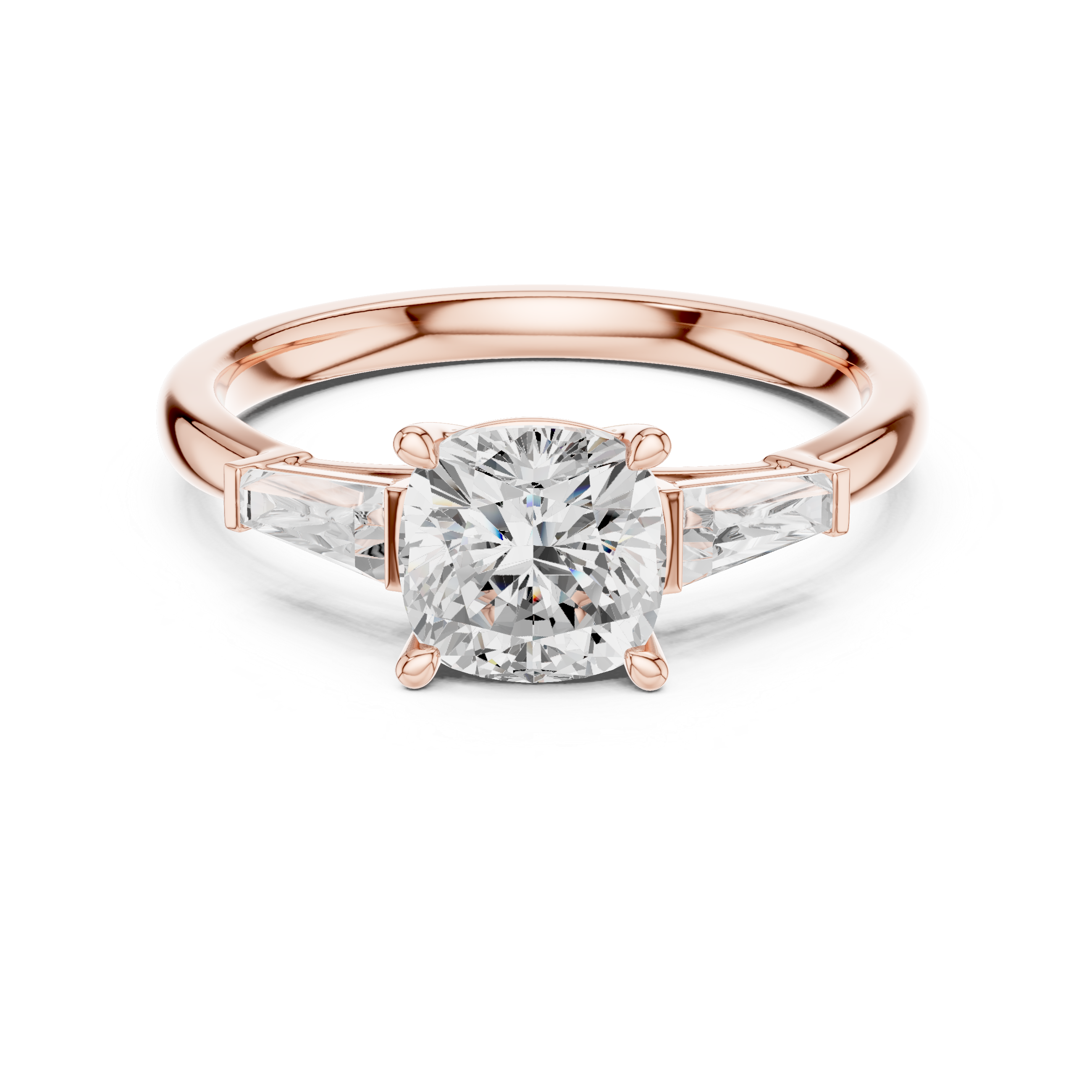 Cushion Cut Three Stone Engagement Ring with Tapered Baguette Side Diamonds
