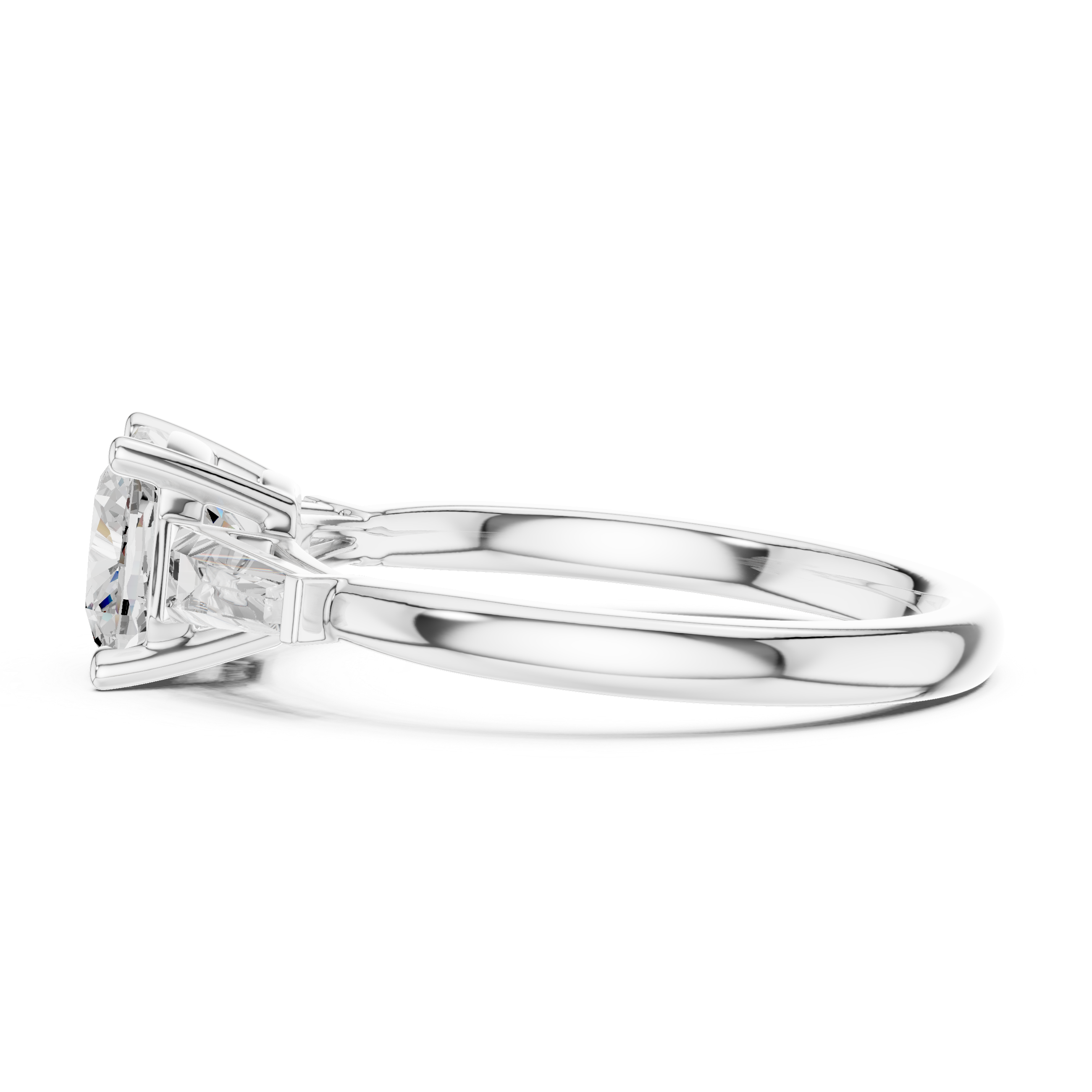 Cushion Cut Three Stone Engagement Ring with Tapered Baguette Side Diamonds