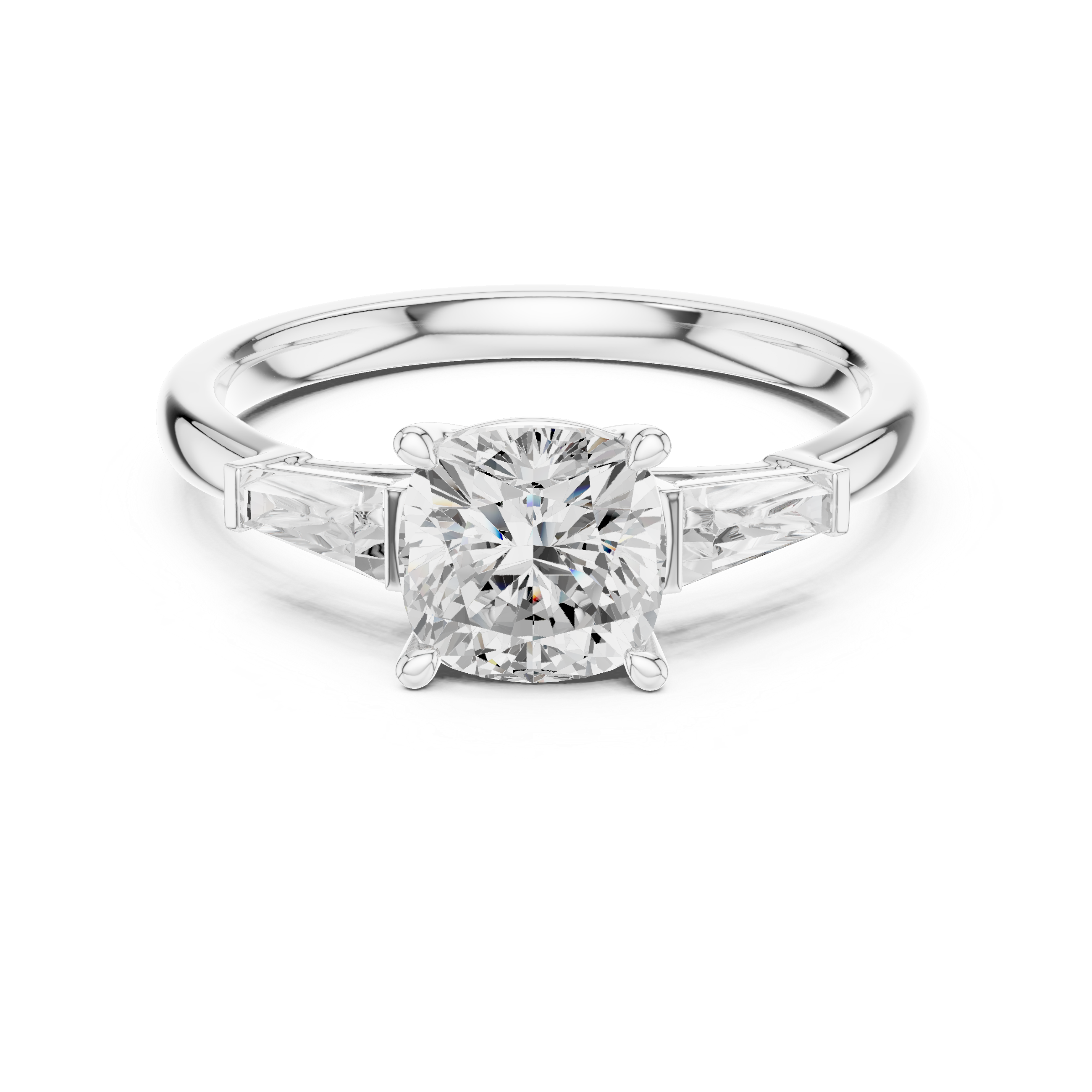 Cushion Cut Three Stone Engagement Ring with Tapered Baguette Side Diamonds
