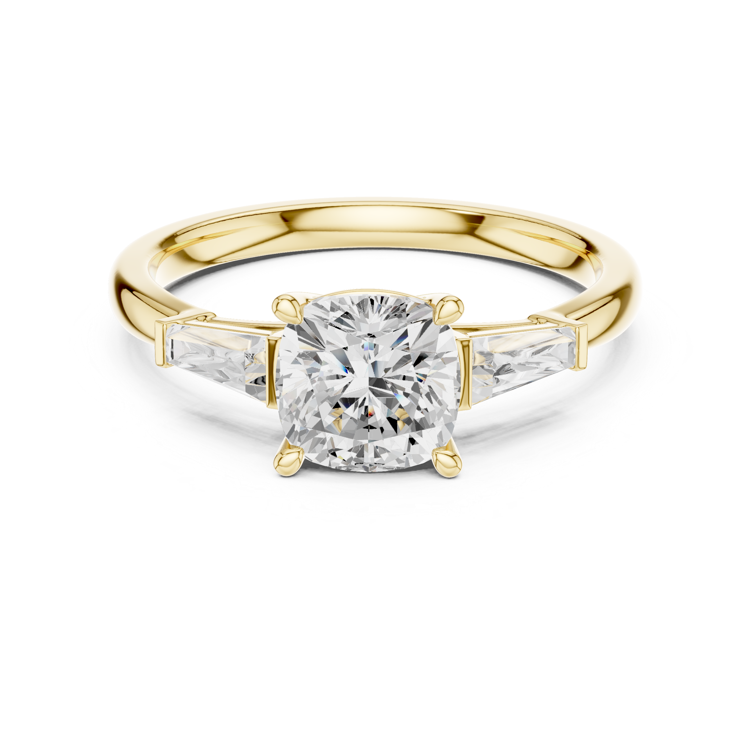 Cushion Cut Three Stone Engagement Ring with Tapered Baguette Side Diamonds