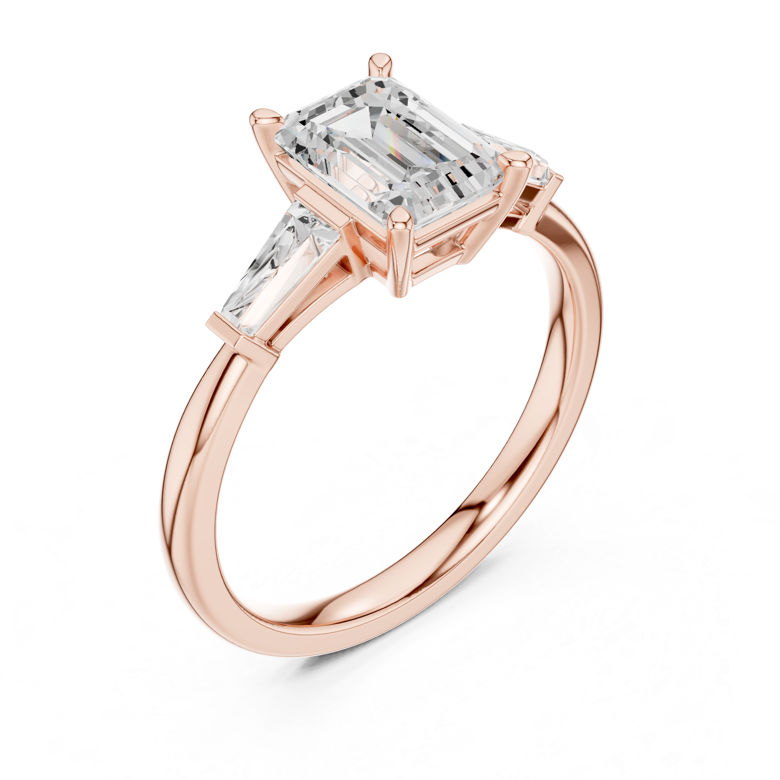 Emerald Cut Three Stone Engagement Ring with Tapered Baguette Side Diamonds