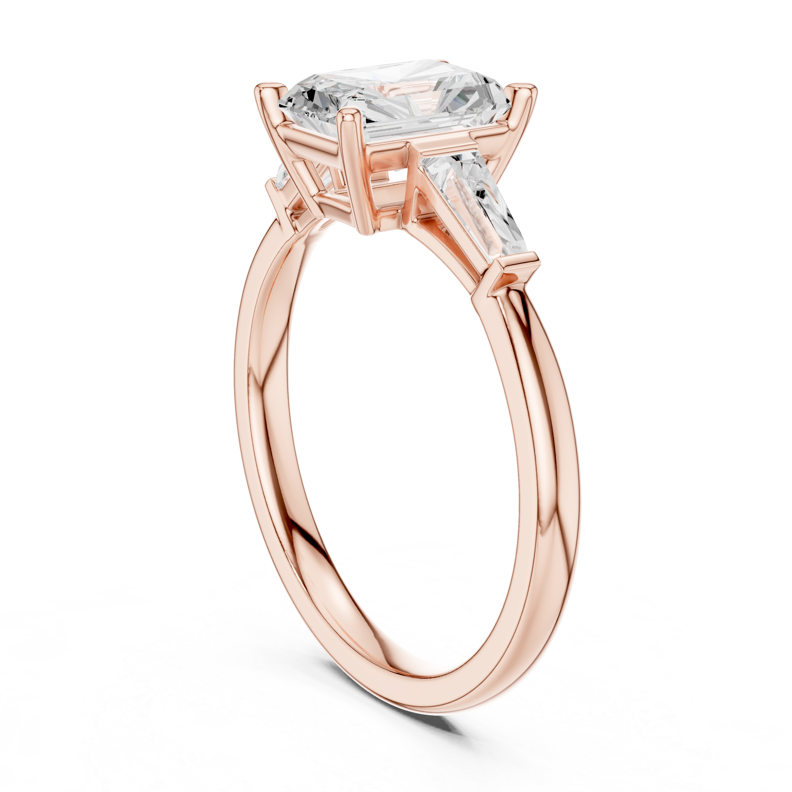 Radiant Cut Three Stone Engagement Ring with Tapered Baguette Side Diamonds