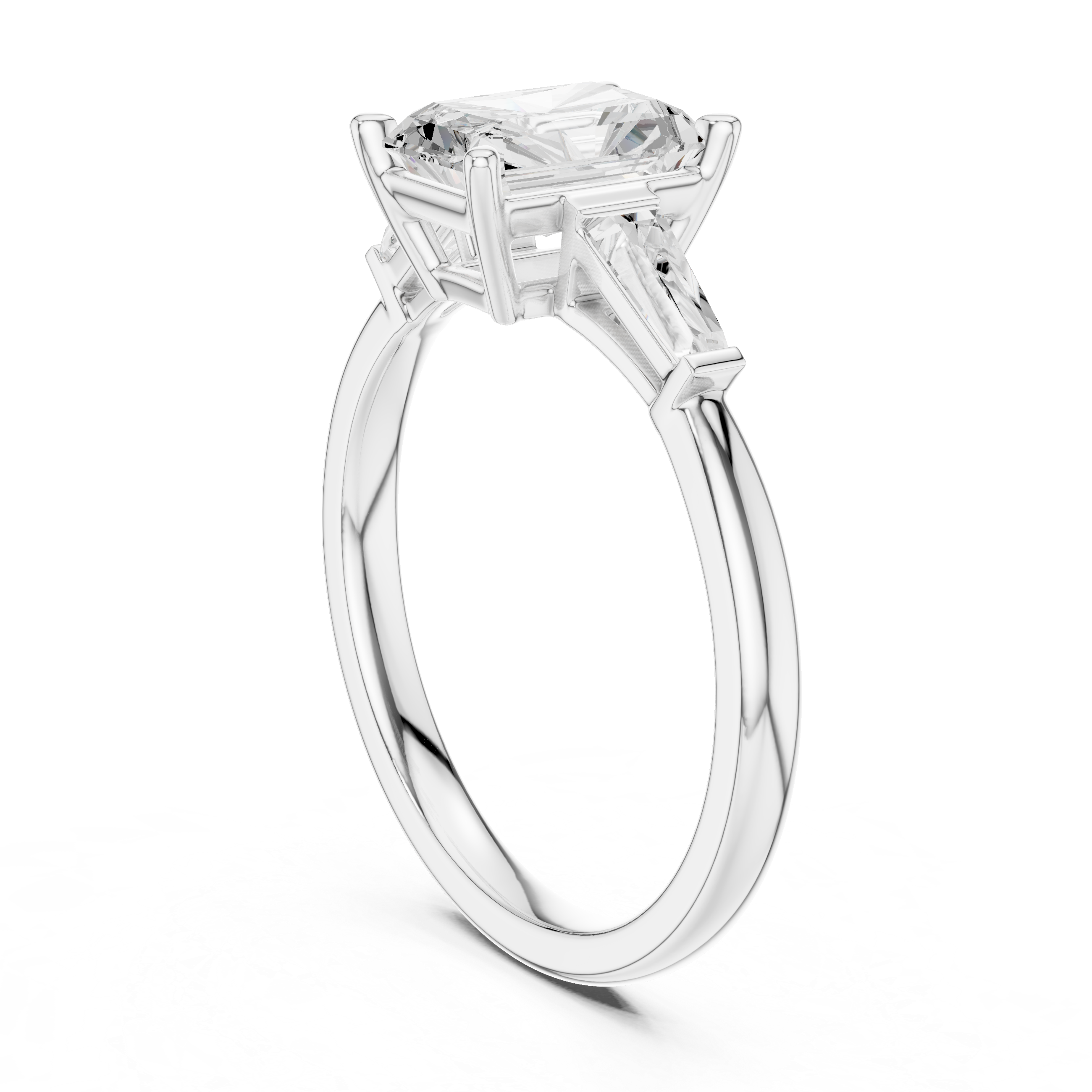 Radiant Cut Three Stone Engagement Ring with Tapered Baguette Side Diamonds