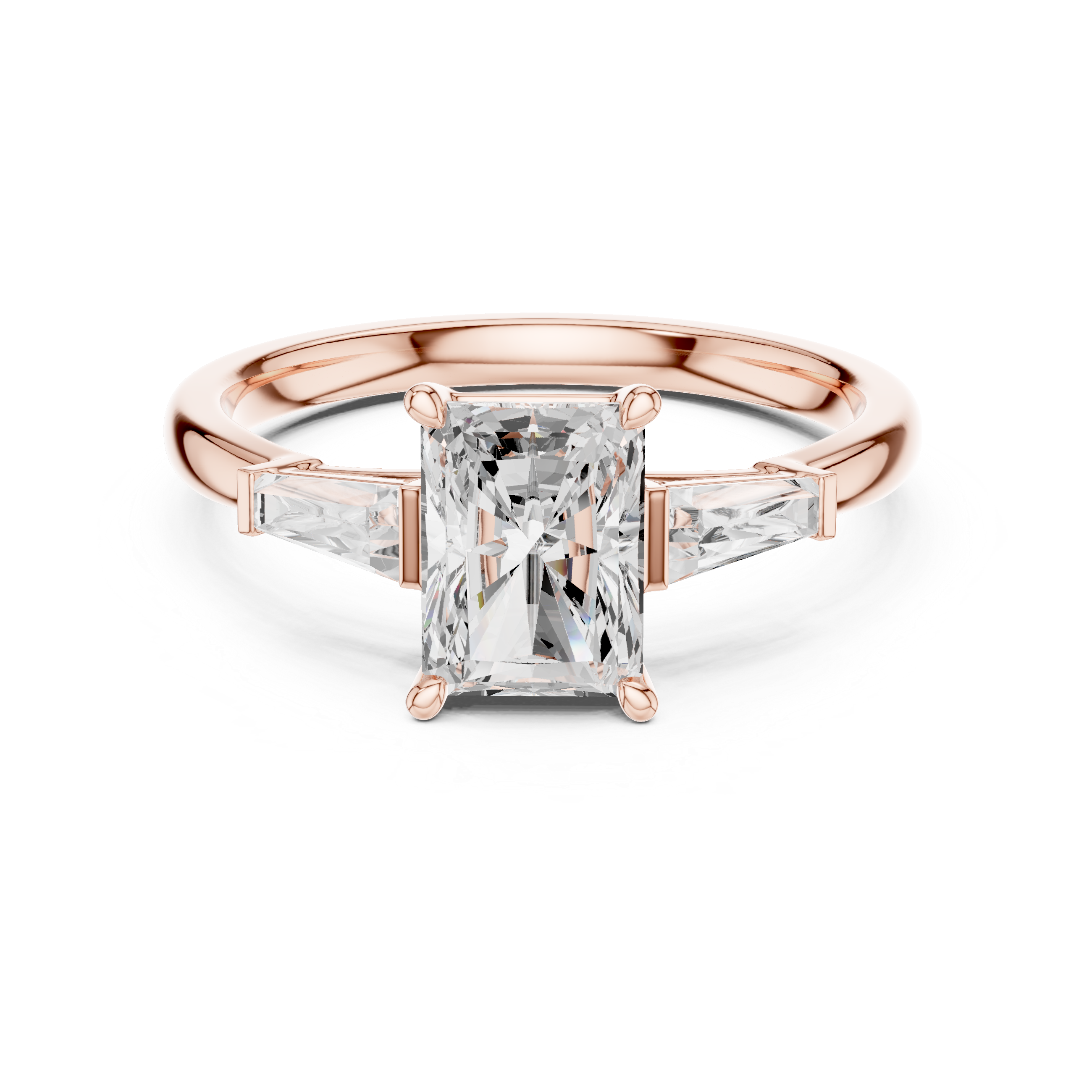 Radiant Cut Three Stone Engagement Ring with Tapered Baguette Side Diamonds