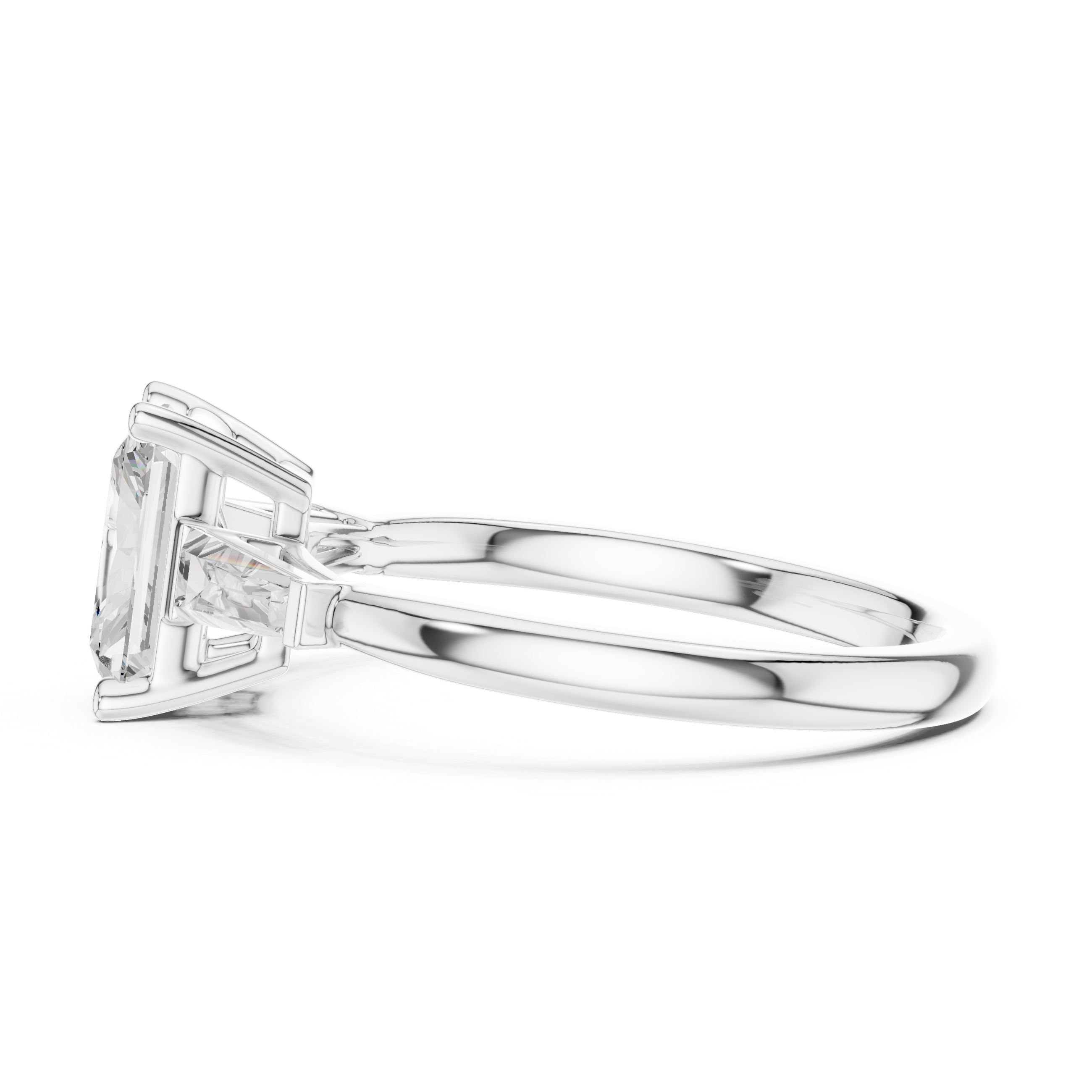 Radiant Cut Three Stone Engagement Ring with Tapered Baguette Side Diamonds