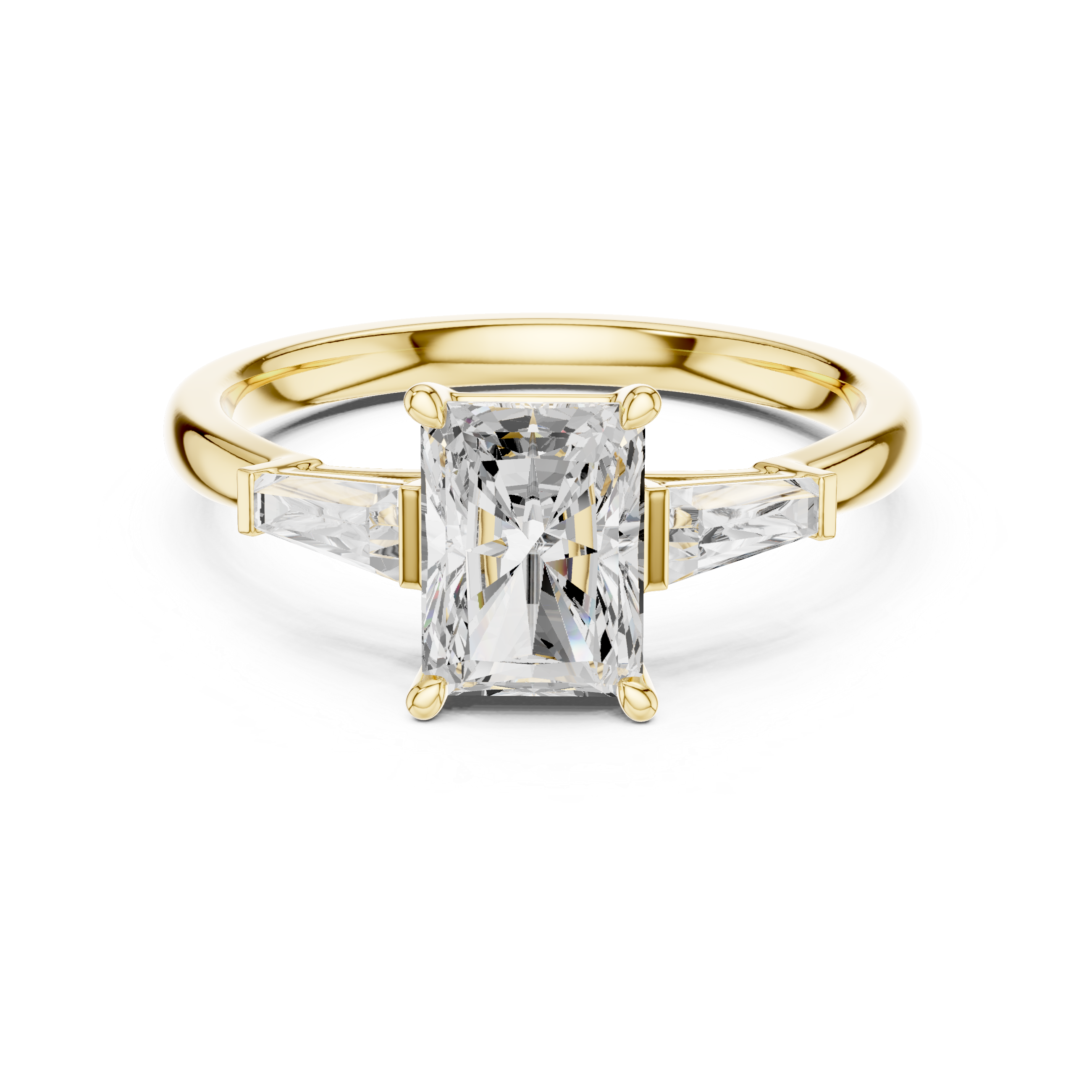 Radiant Cut Three Stone Engagement Ring with Tapered Baguette Side Diamonds