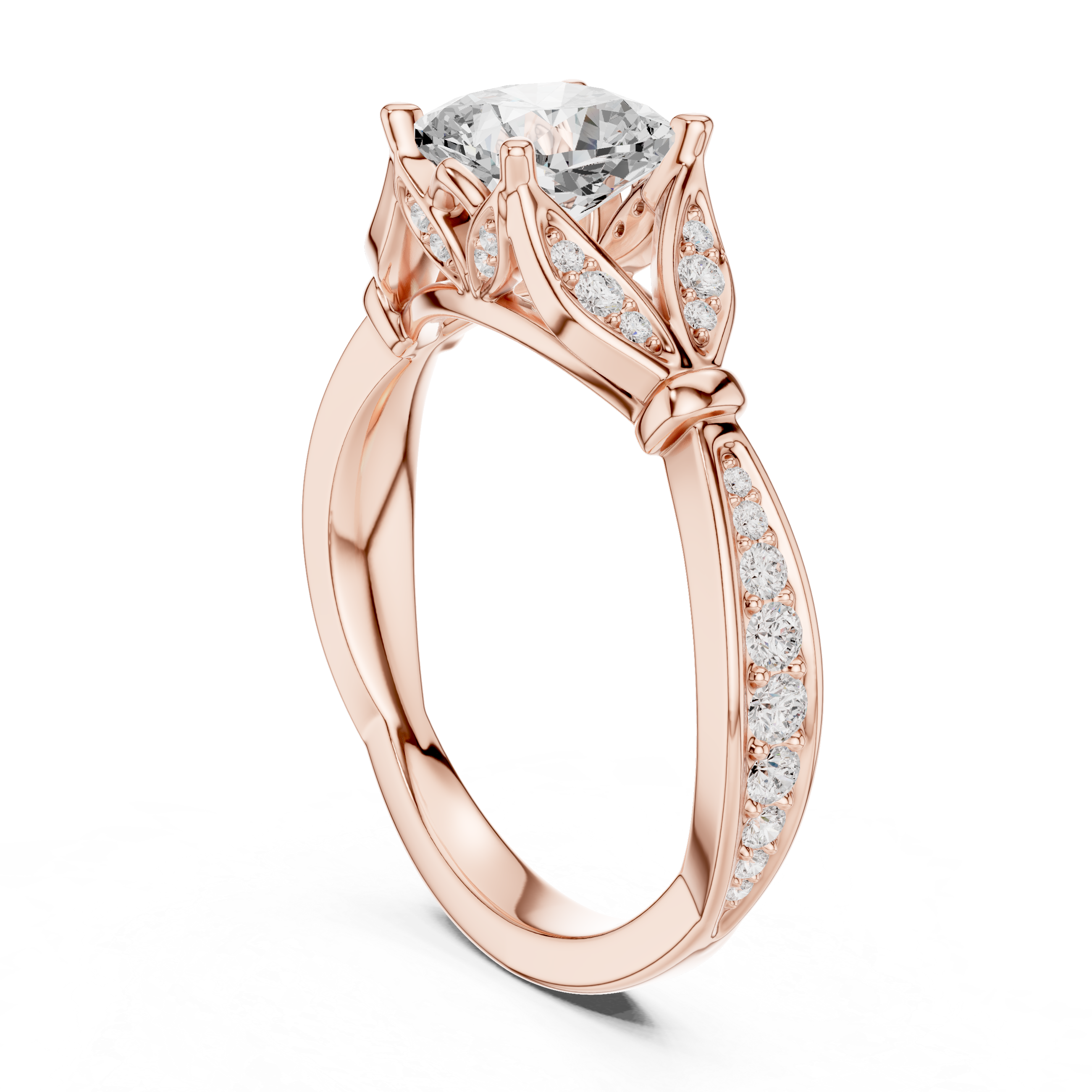 Cushion Cut Diamond Engagement Ring with Vintage Leaf-Inspired Pavé Setting