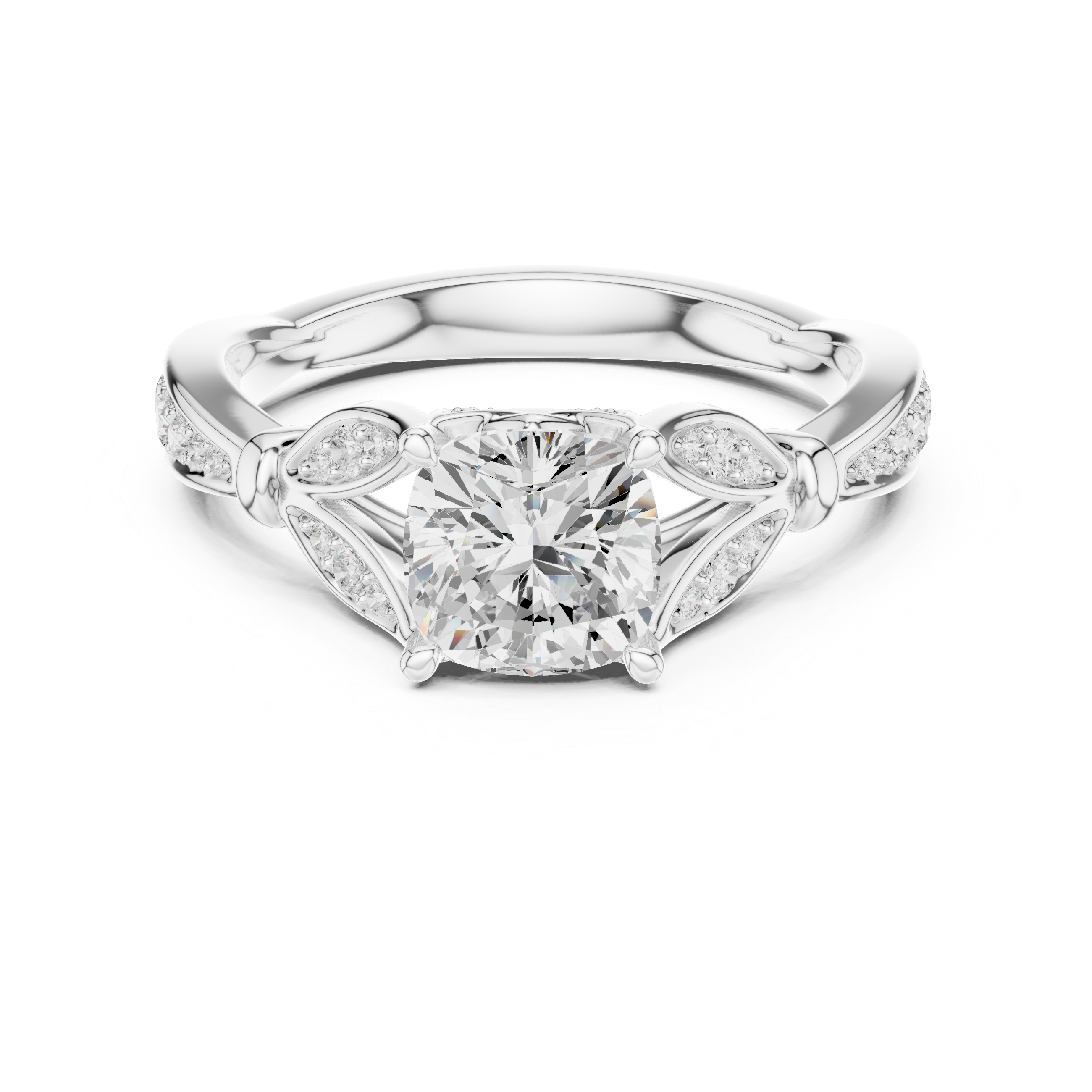Cushion Cut Diamond Engagement Ring with Vintage Leaf-Inspired Pavé Setting