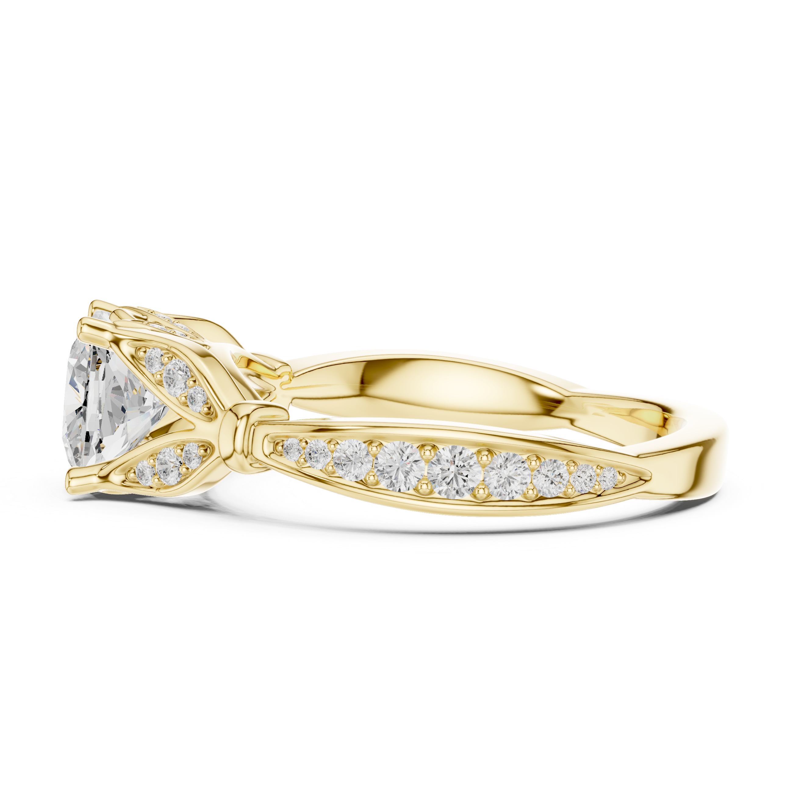 Cushion Cut Diamond Engagement Ring with Vintage Leaf-Inspired Pavé Setting