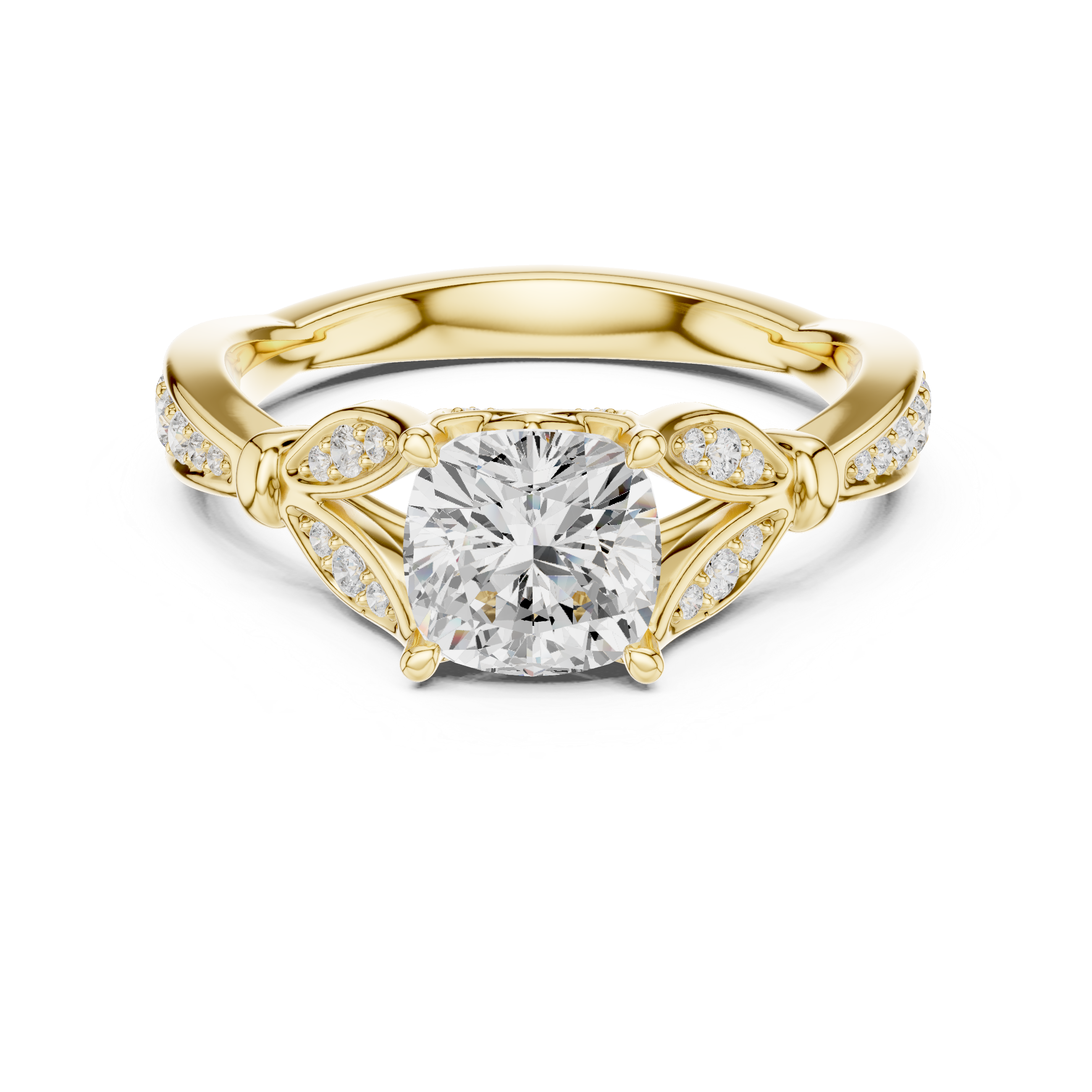 Cushion Cut Diamond Engagement Ring with Vintage Leaf-Inspired Pavé Setting