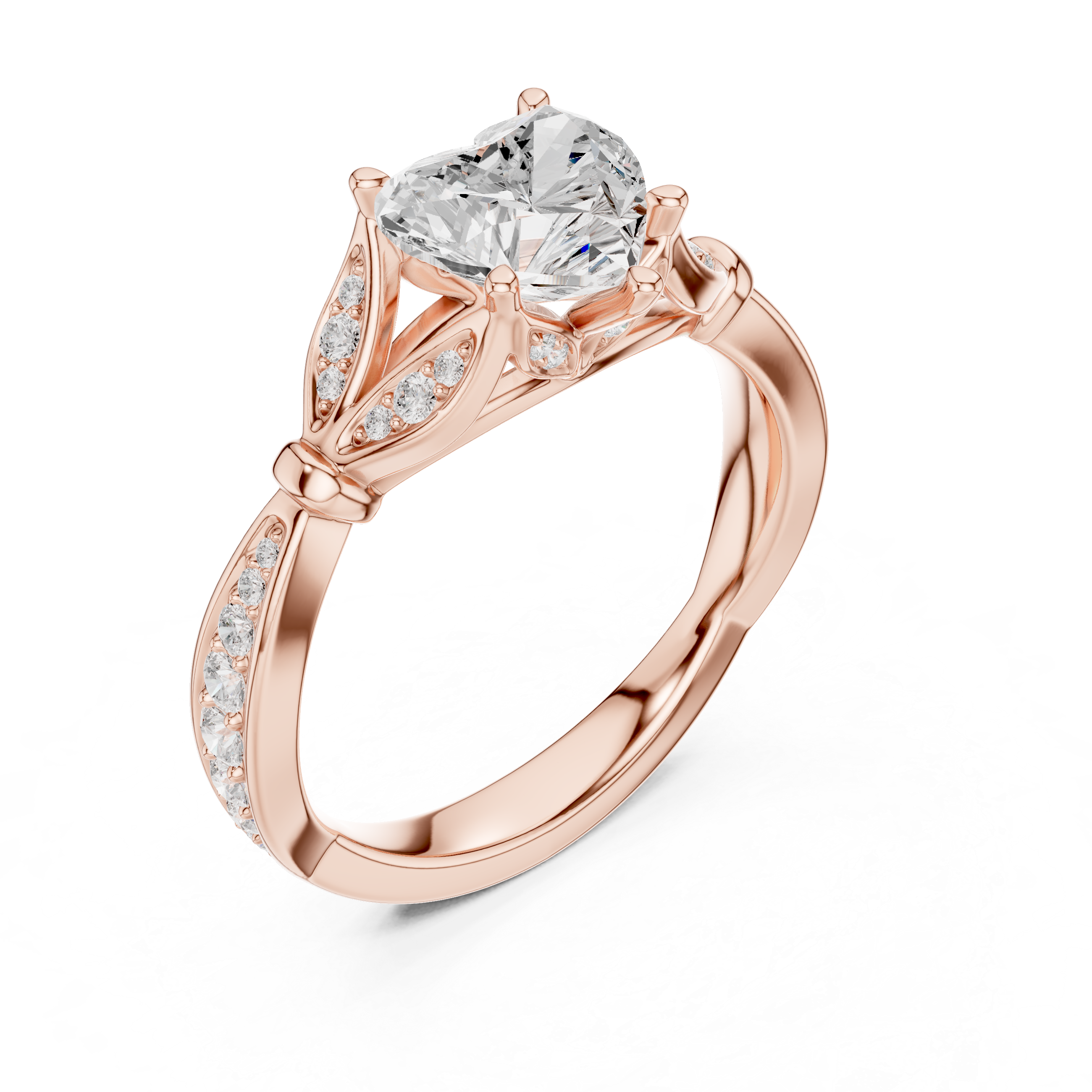 Heart Cut Diamond Engagement Ring with Vintage Leaf-Inspired Pavé Band