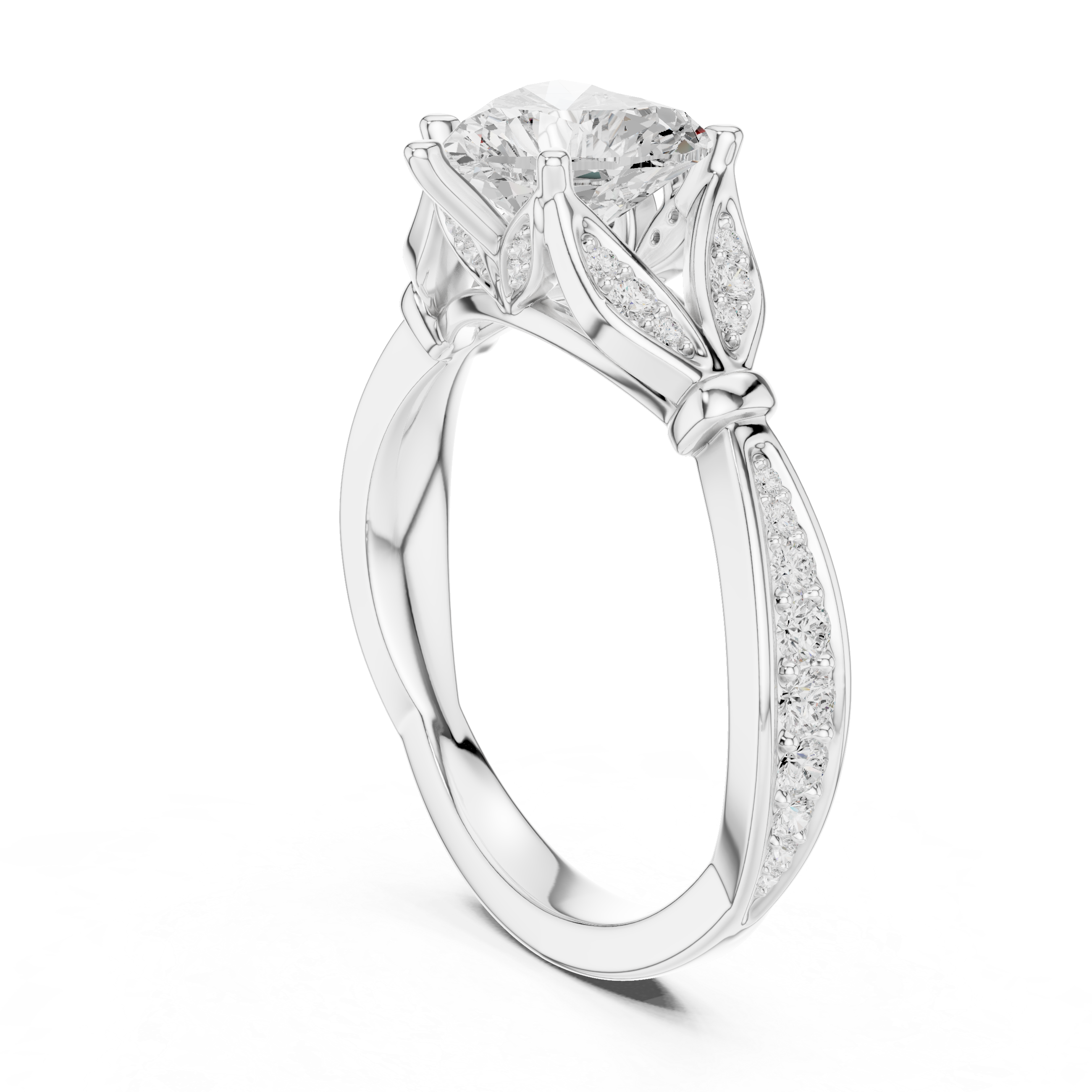 Heart Cut Diamond Engagement Ring with Vintage Leaf-Inspired Pavé Band