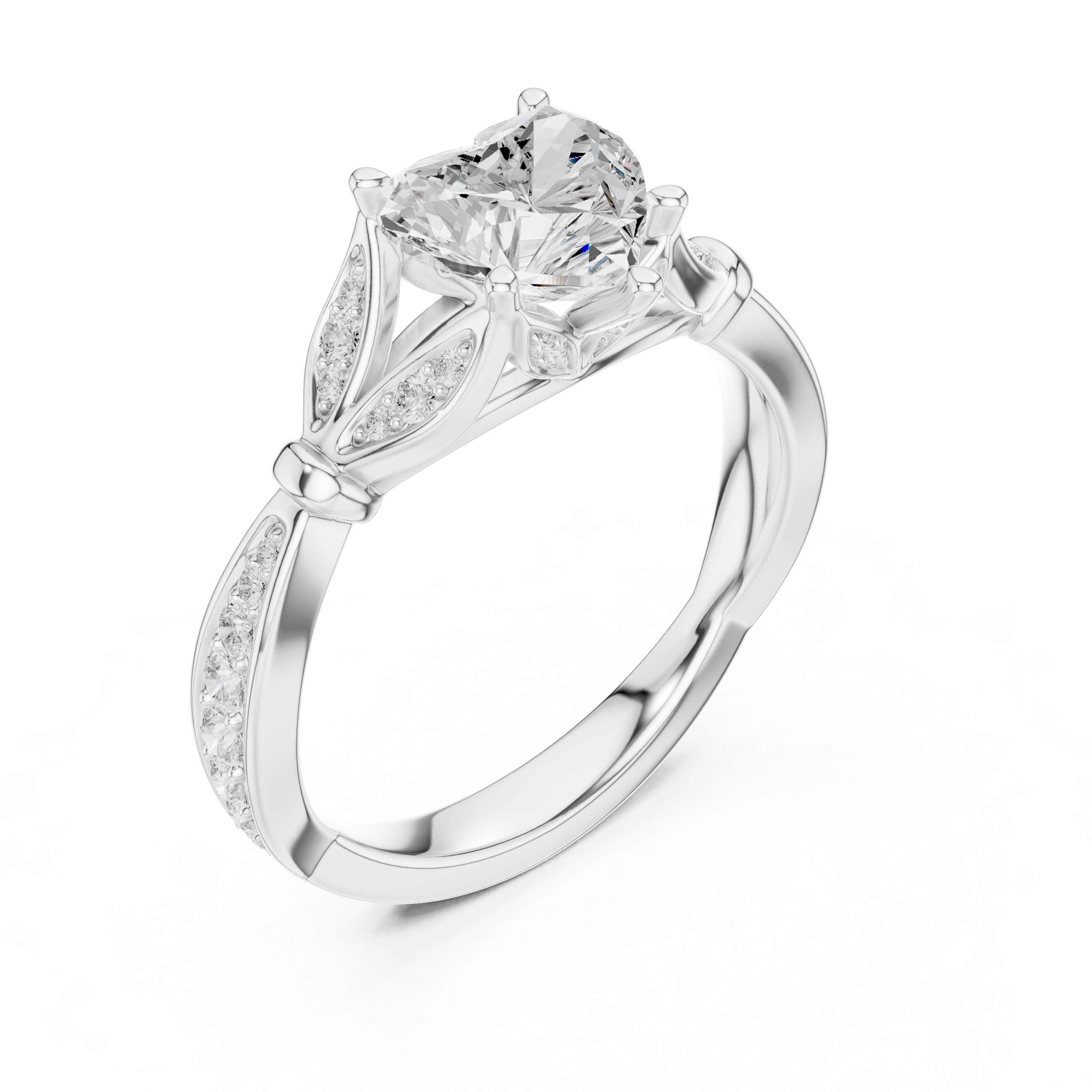 Heart Cut Diamond Engagement Ring with Vintage Leaf-Inspired Pavé Band