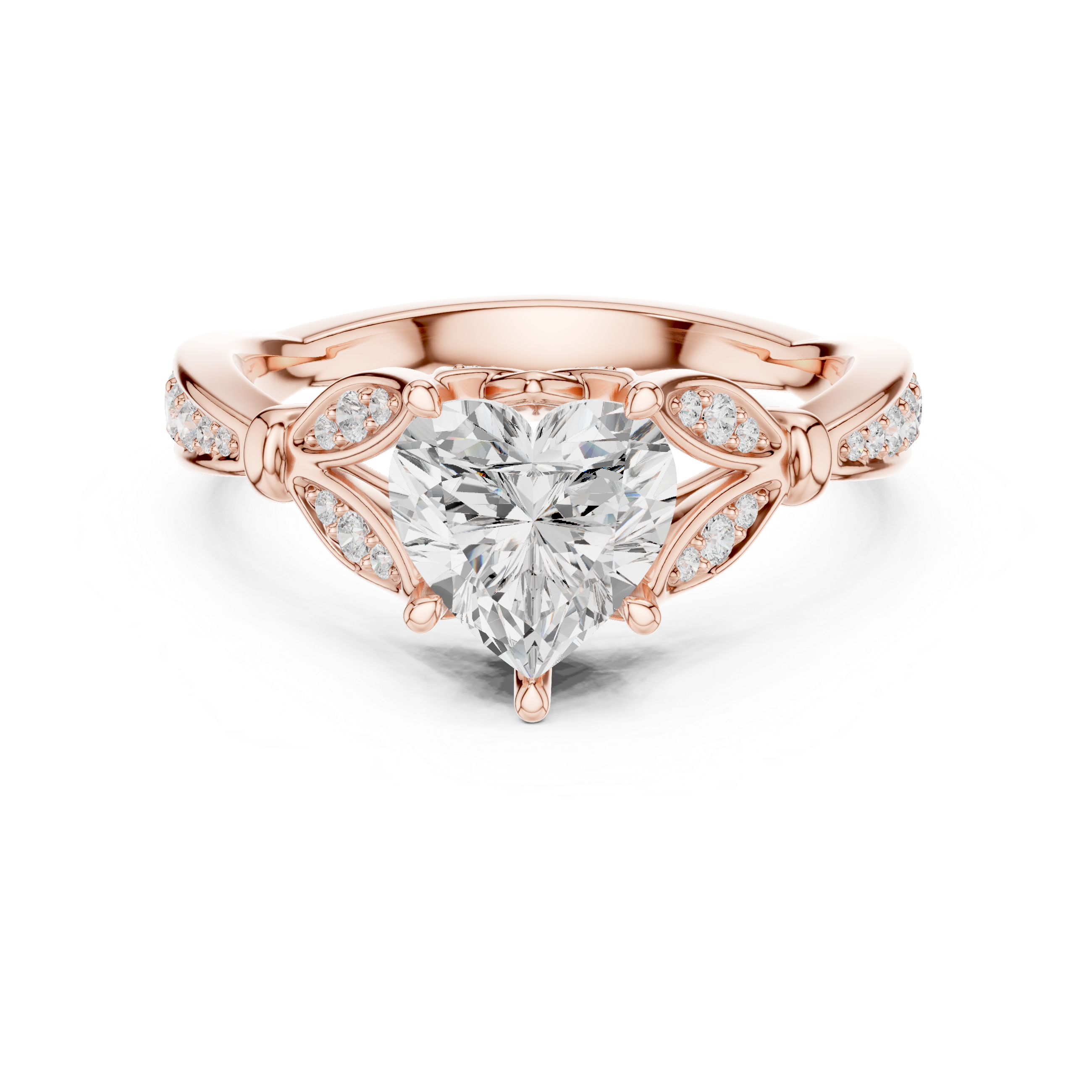 Heart Cut Diamond Engagement Ring with Vintage Leaf-Inspired Pavé Band
