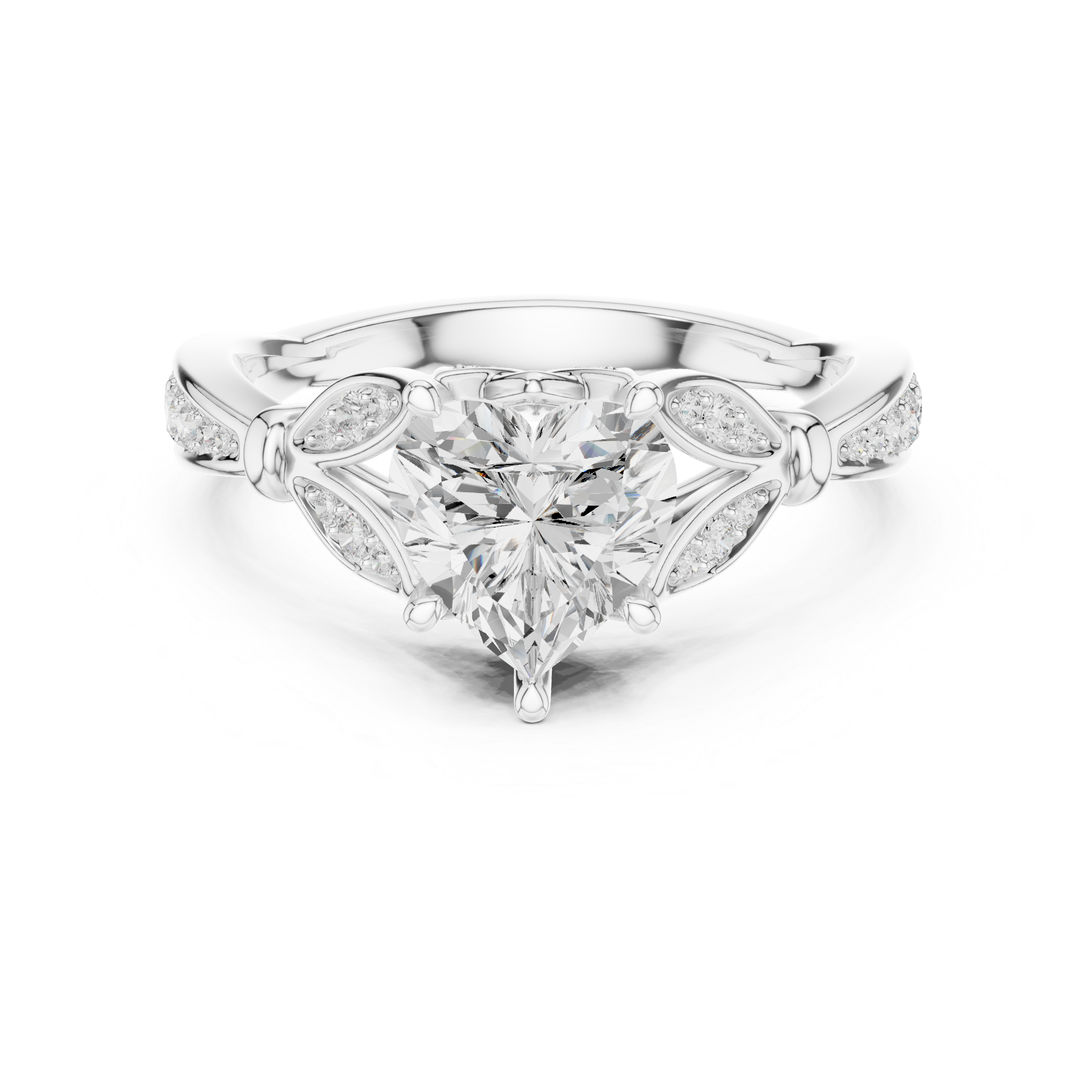 Heart Cut Diamond Engagement Ring with Vintage Leaf-Inspired Pavé Band