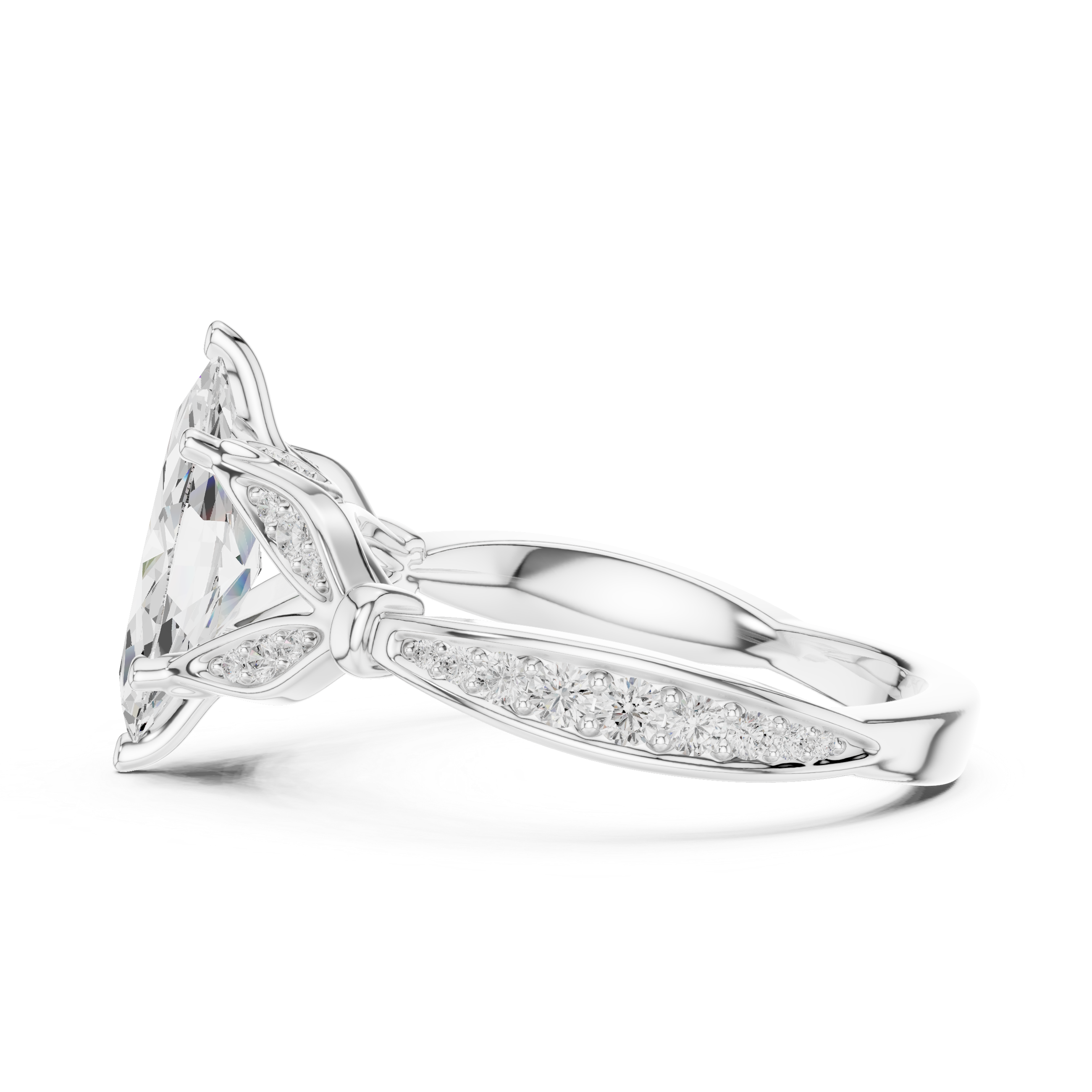 Marquise Cut Diamond Engagement Ring with Vintage Leaf-Inspired Pavé Setting