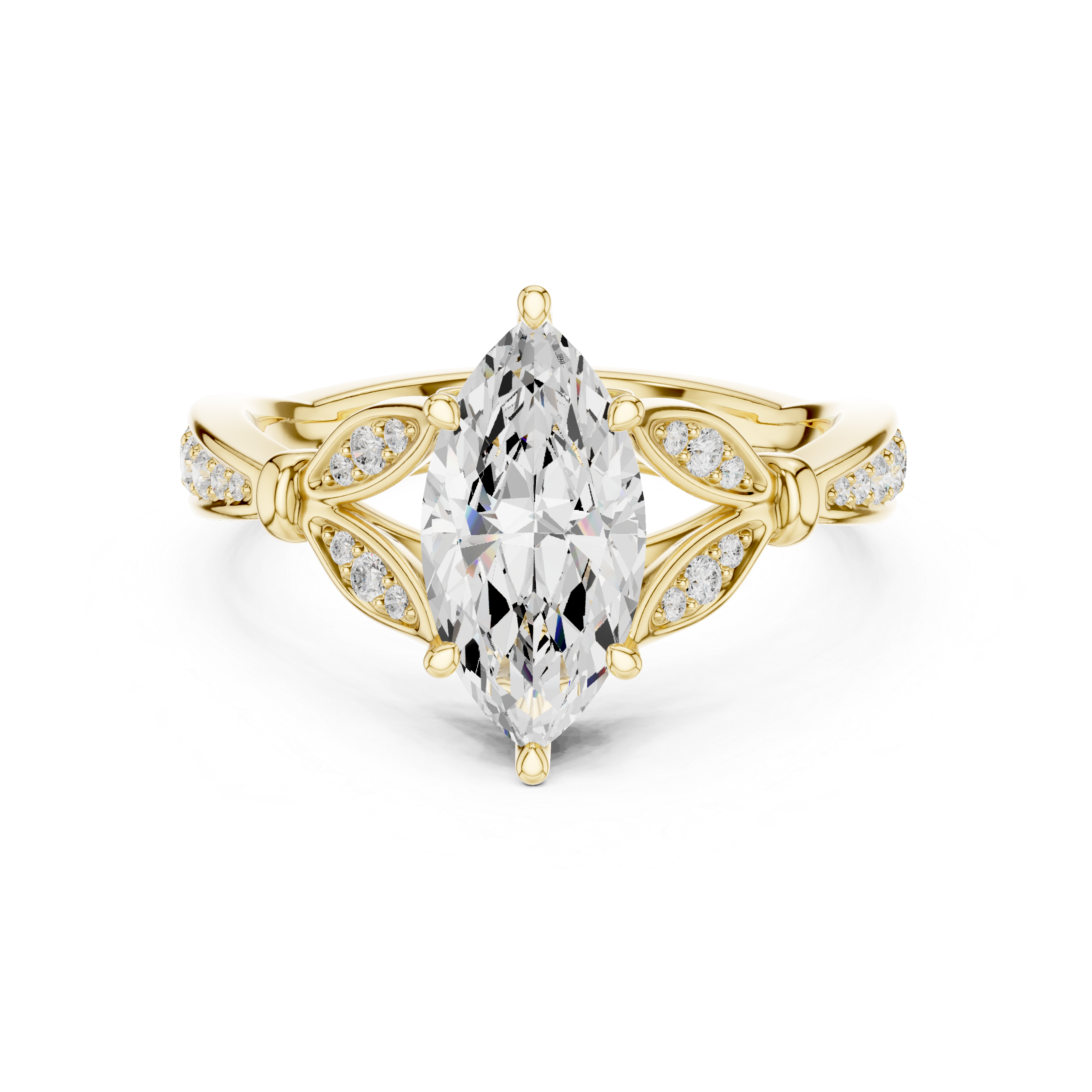 Marquise Cut Diamond Engagement Ring with Vintage Leaf-Inspired Pavé Setting