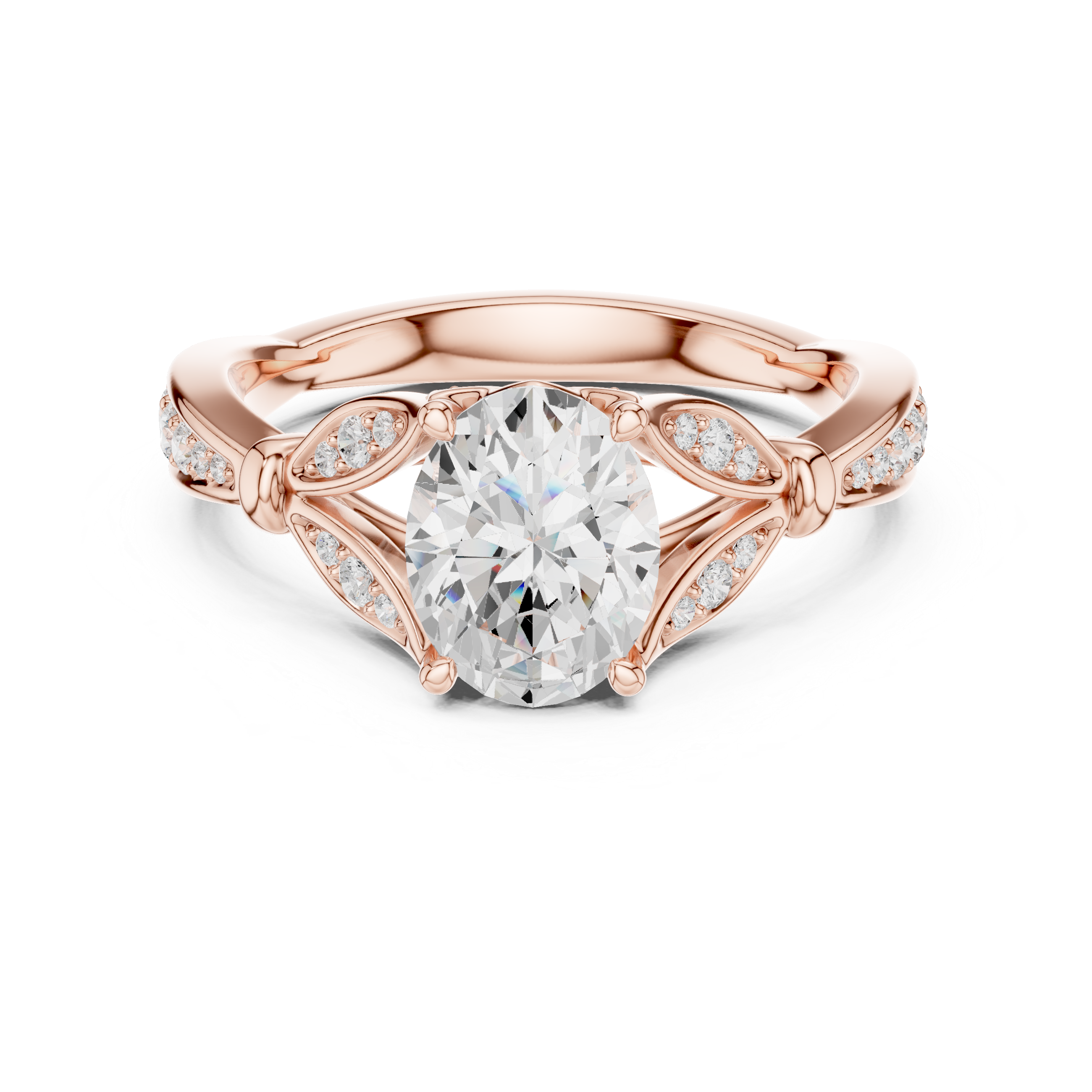 Oval Cut Diamond Engagement Ring with Vintage-Inspired Leaf Pavé Setting