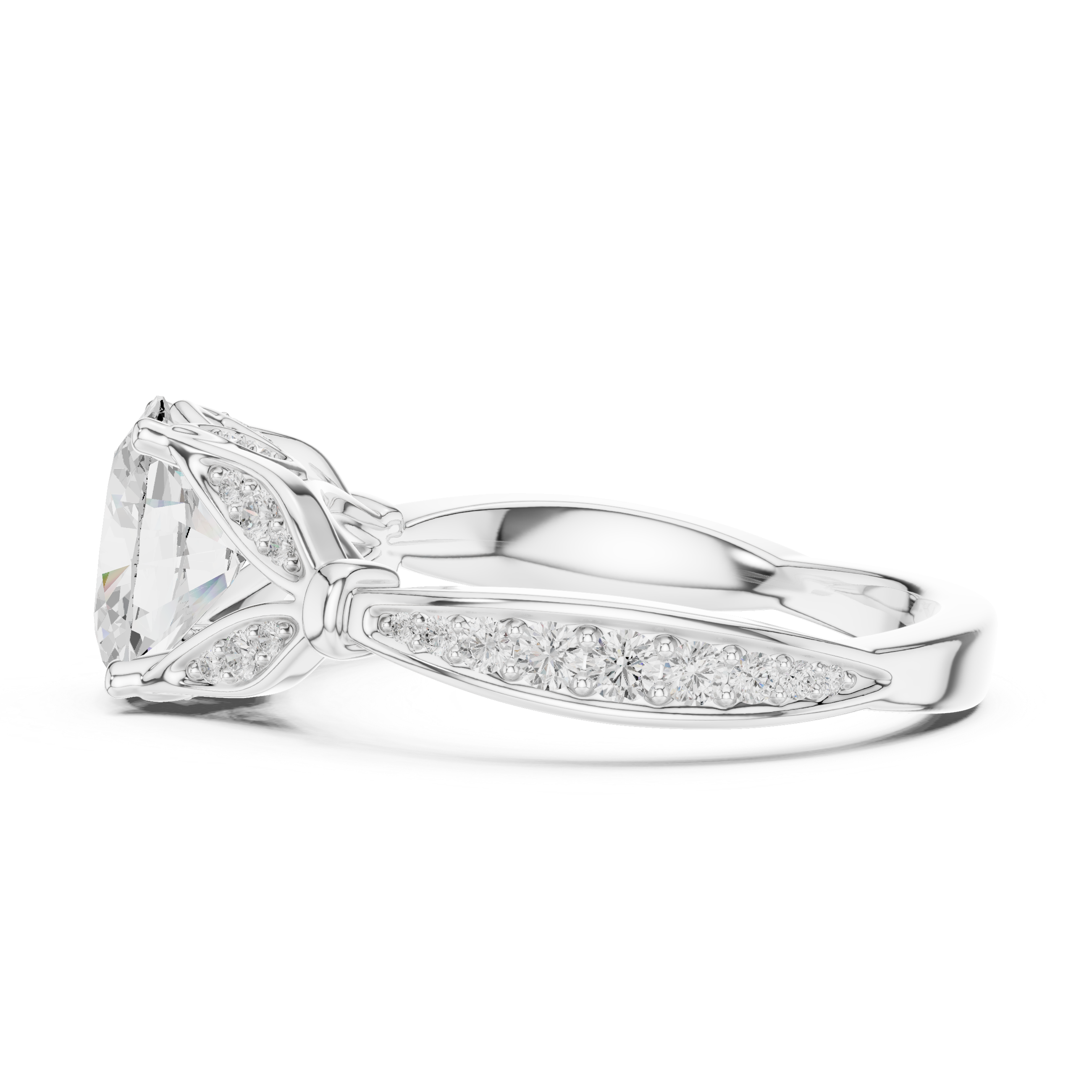 Oval Cut Diamond Engagement Ring with Vintage-Inspired Leaf Pavé Setting
