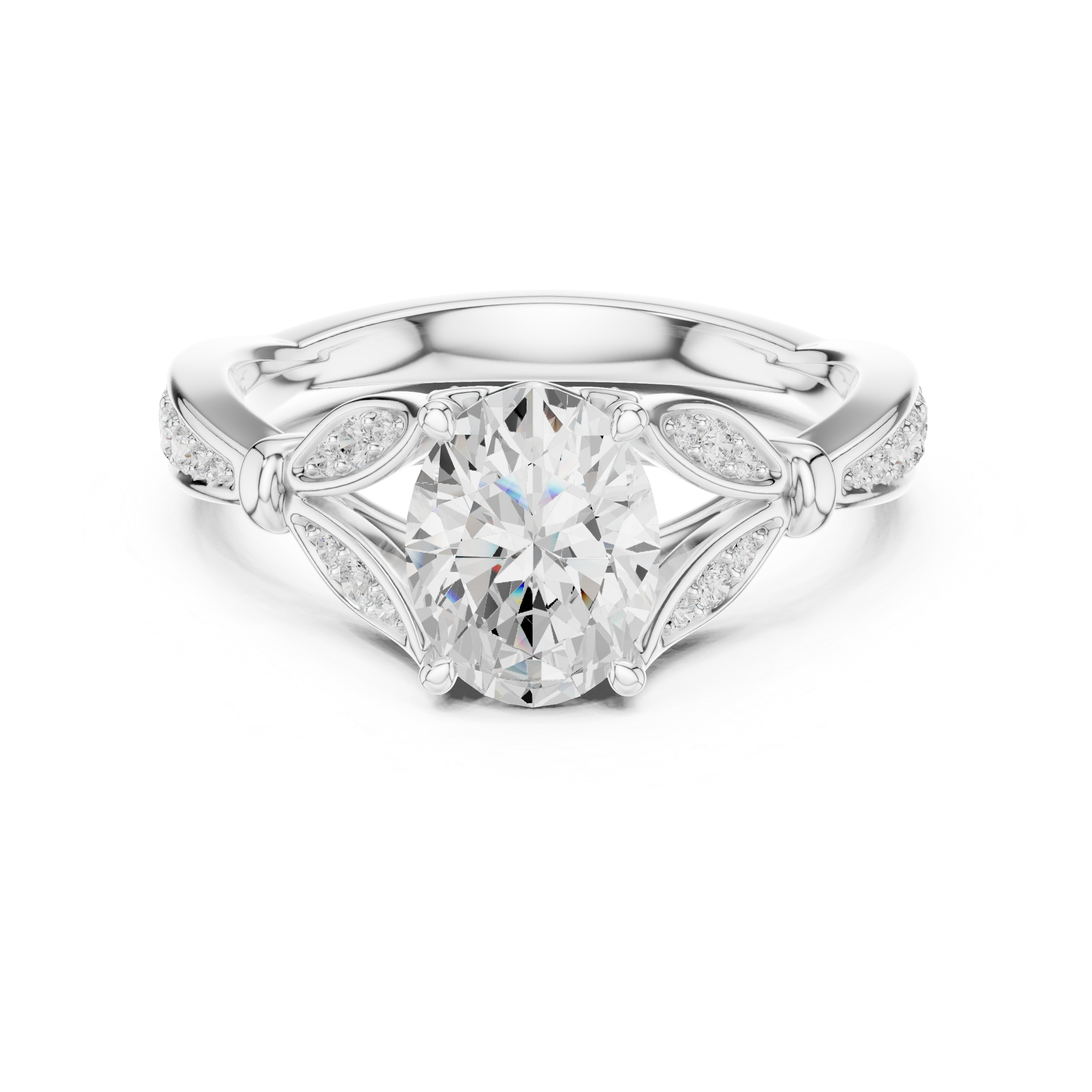Oval Cut Diamond Engagement Ring with Vintage-Inspired Leaf Pavé Setting