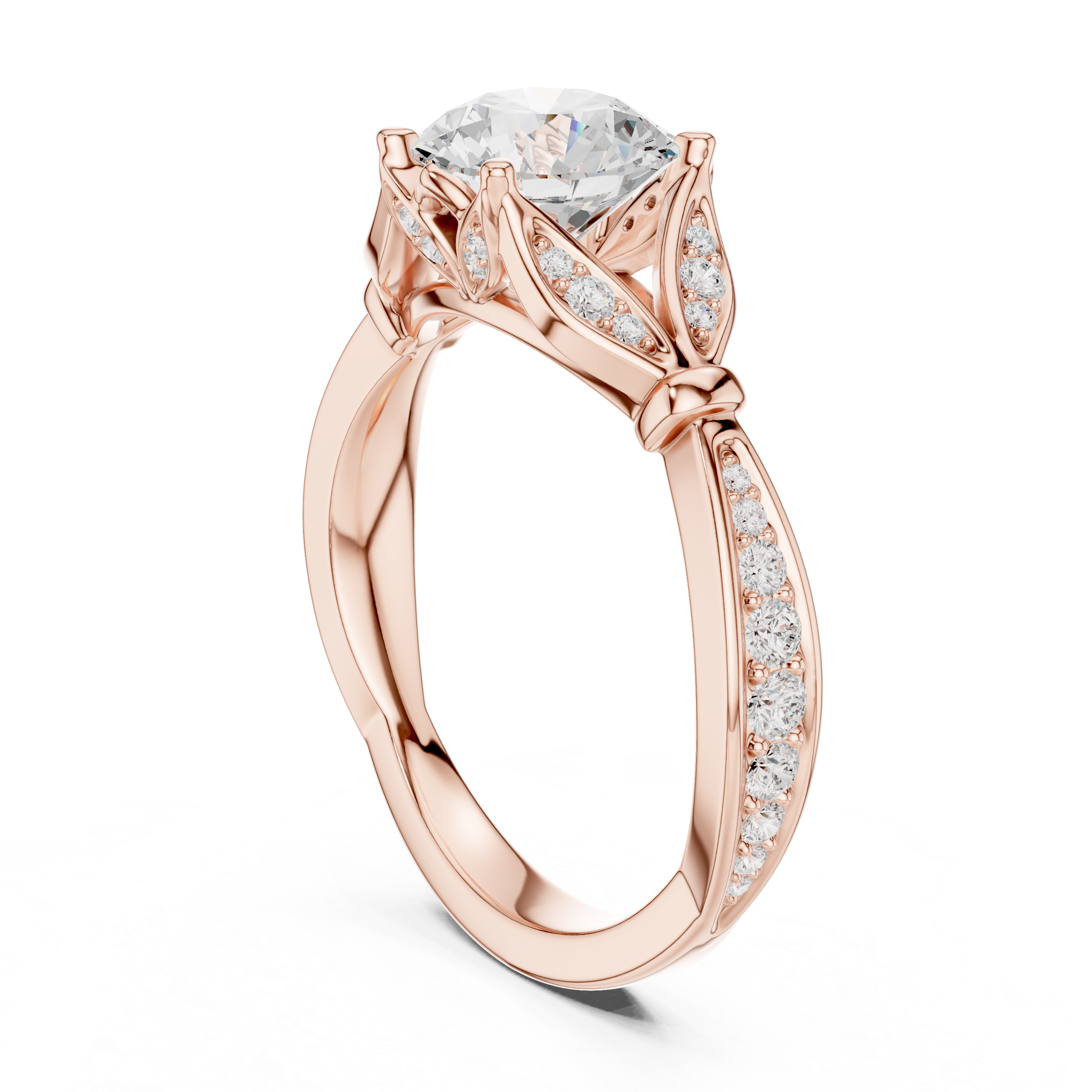 Nature-Inspired Round Diamond Engagement Ring with Leaf Pavé Accents