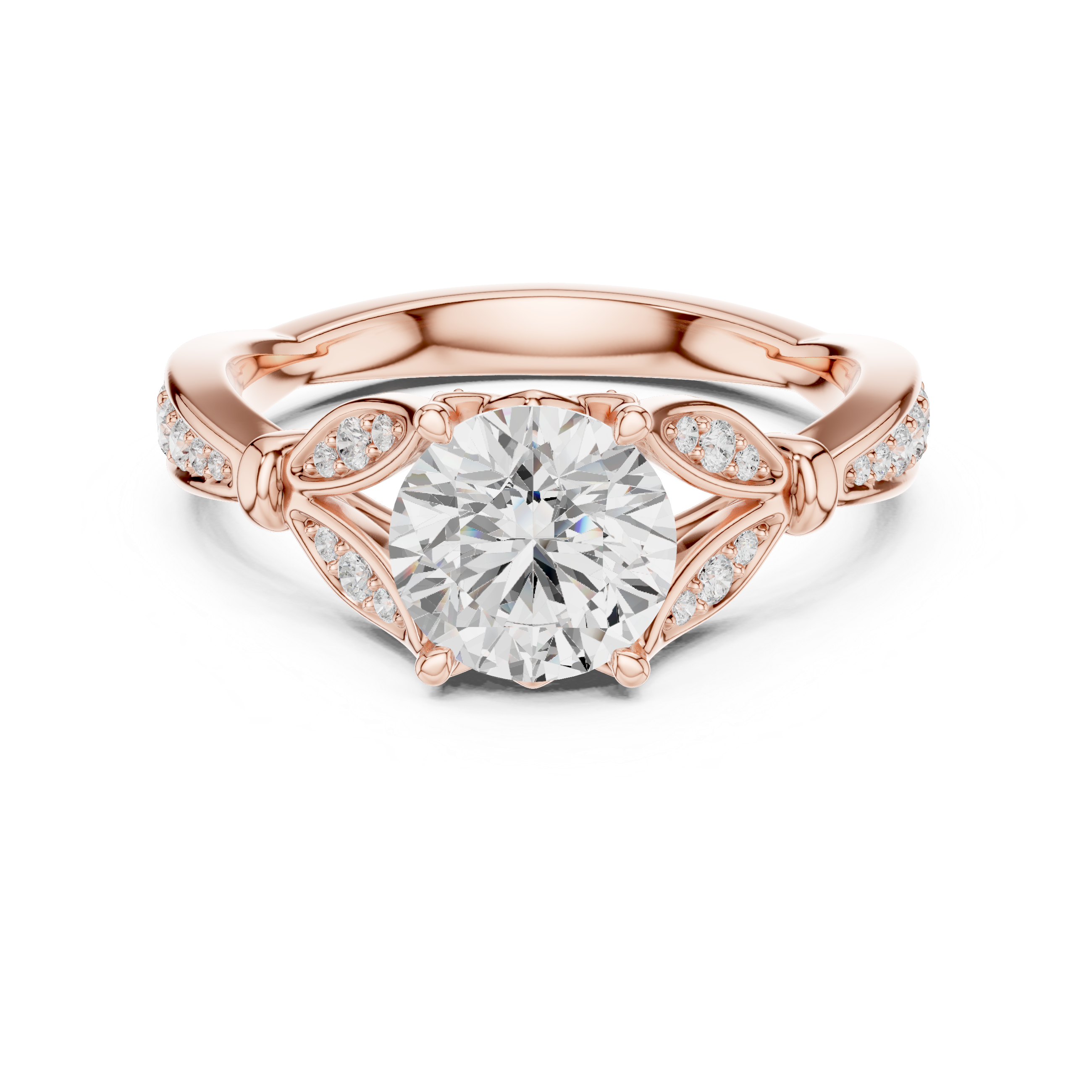 Nature-Inspired Round Diamond Engagement Ring with Leaf Pavé Accents