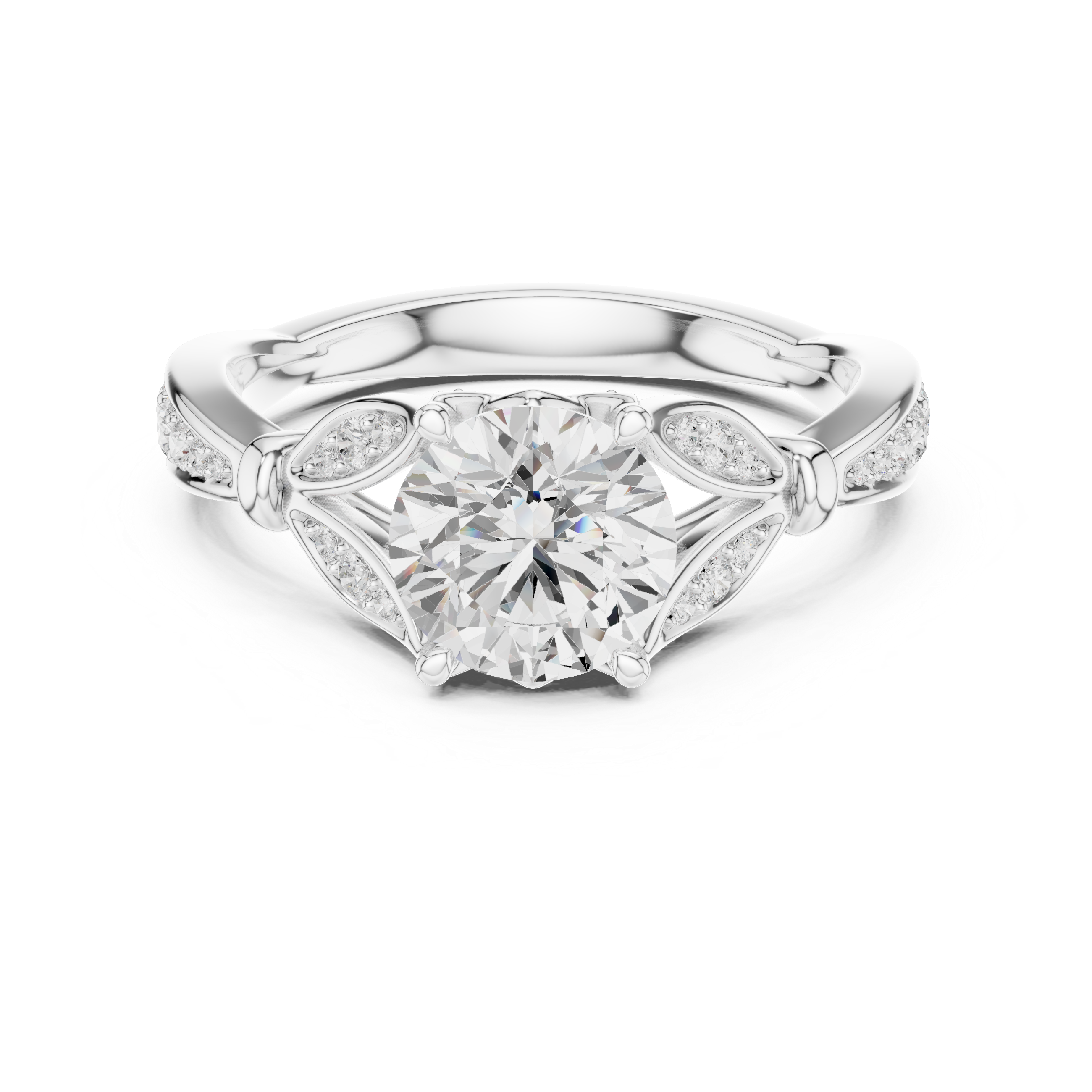 Nature-Inspired Round Diamond Engagement Ring with Leaf Pavé Accents