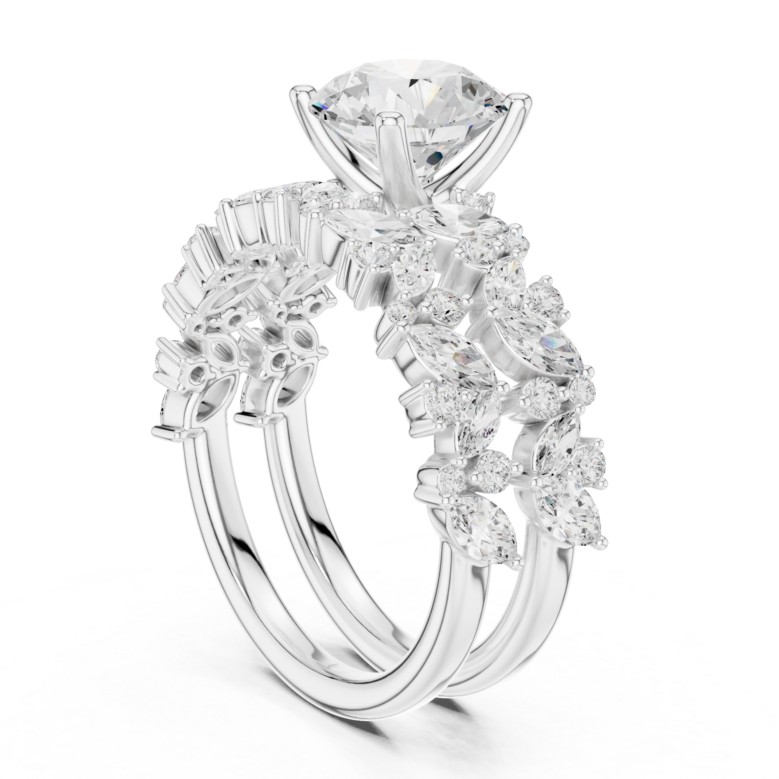 Round Brilliant Diamond Bridal Ring Set with Marquise Accent Bands