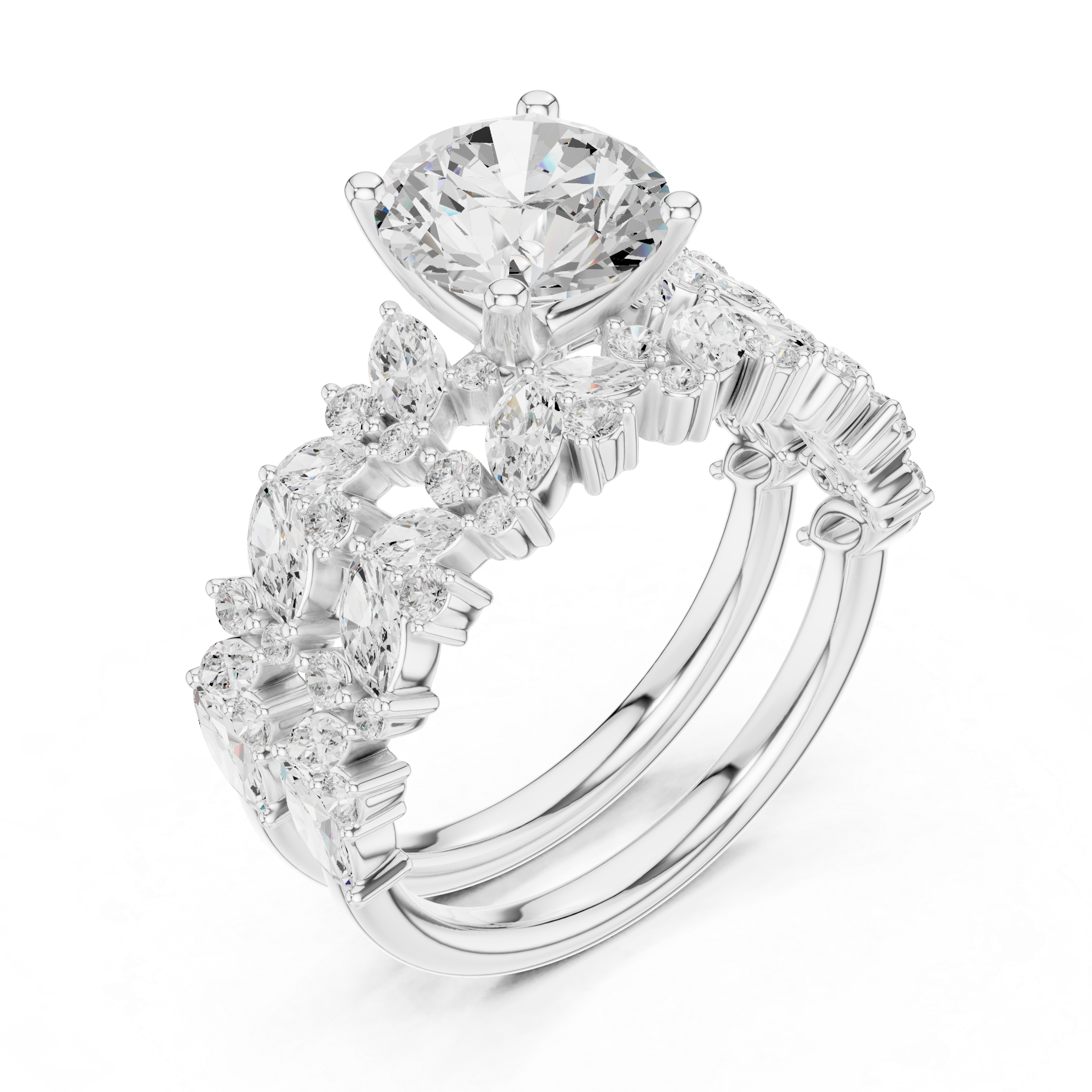 Round Brilliant Diamond Bridal Ring Set with Marquise Accent Bands