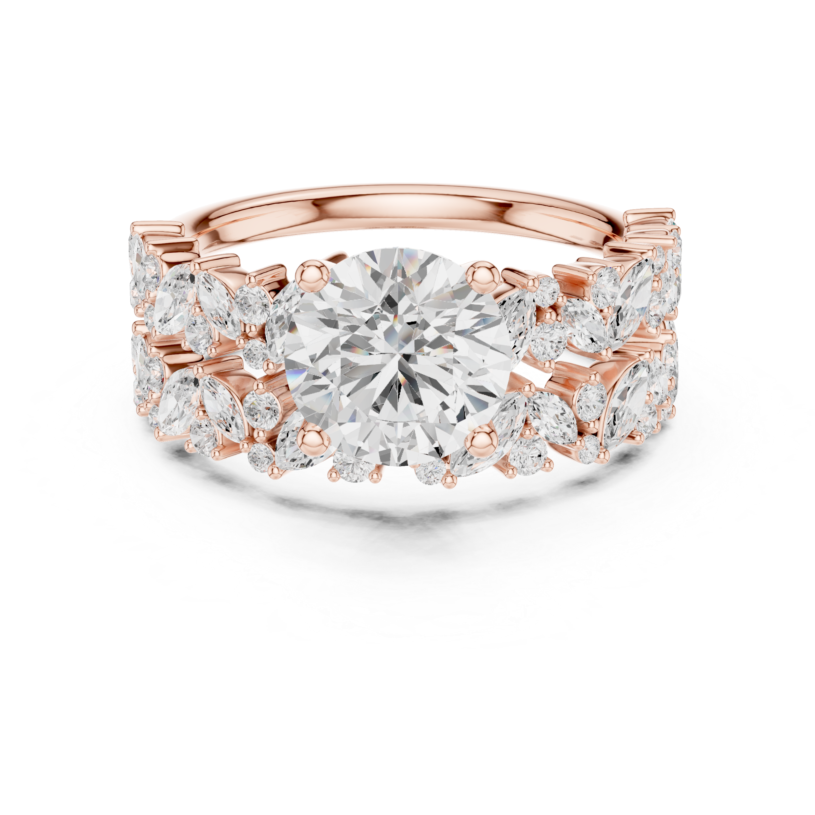 Round Brilliant Diamond Bridal Ring Set with Marquise Accent Bands
