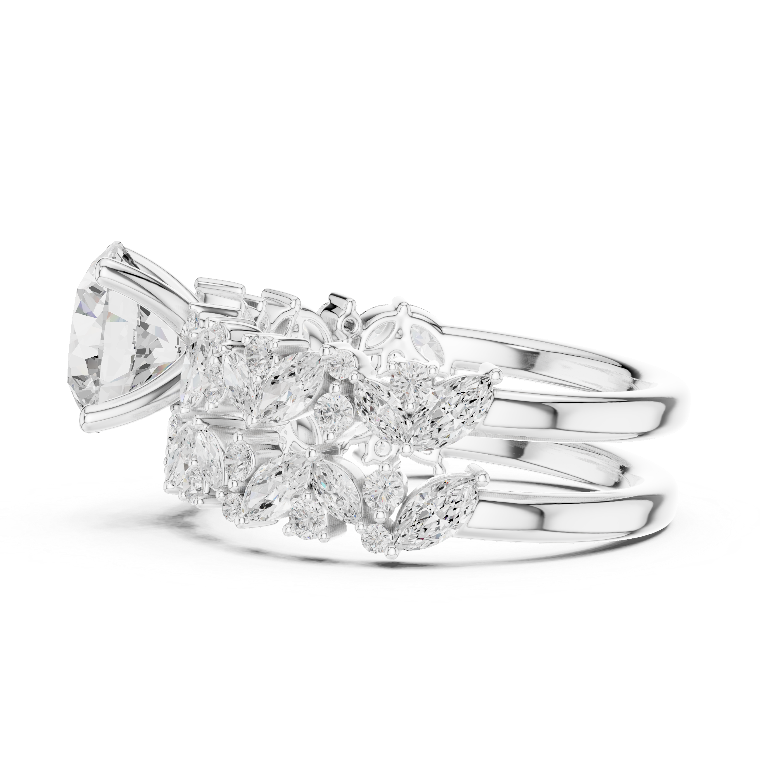 Round Brilliant Diamond Bridal Ring Set with Marquise Accent Bands