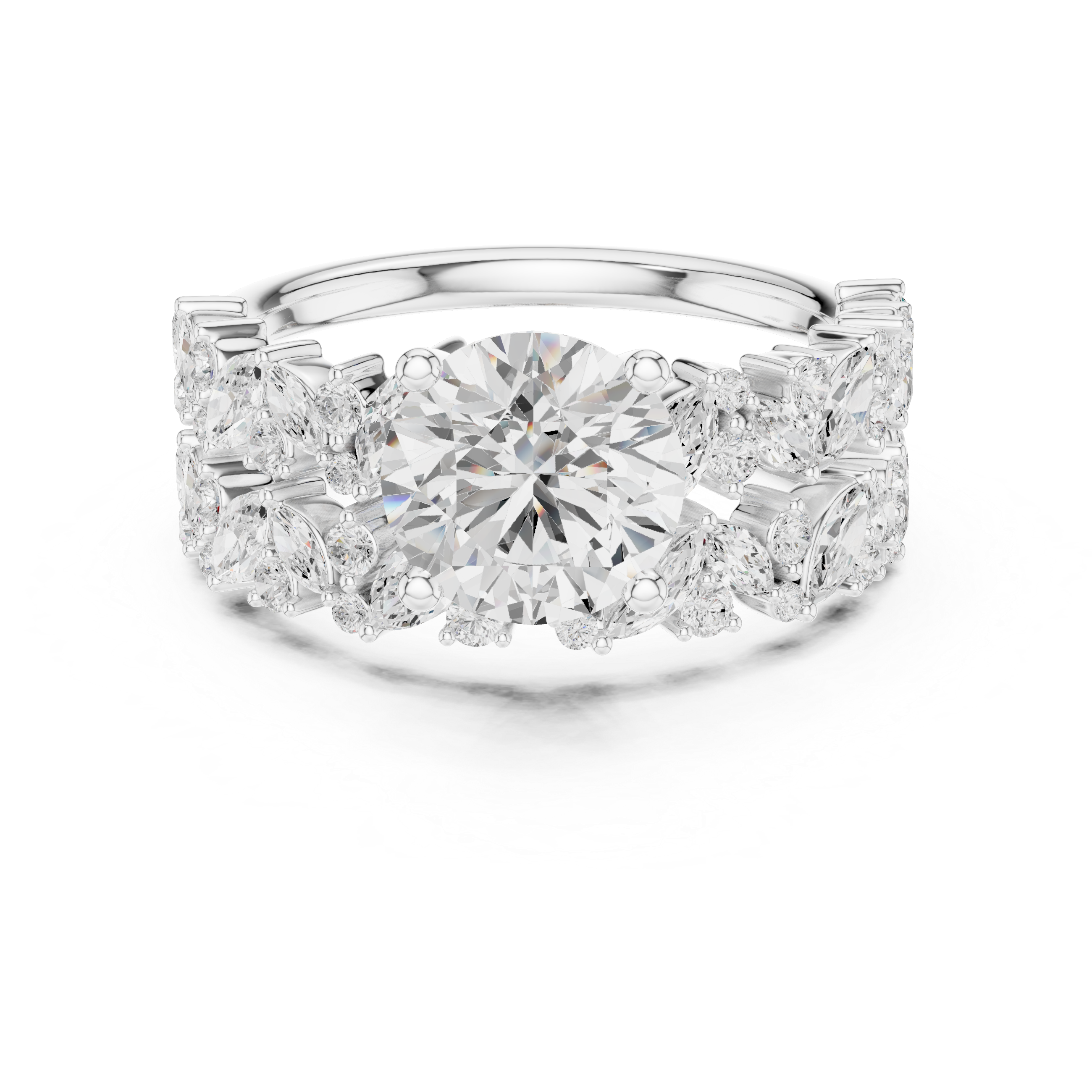 Round Brilliant Diamond Bridal Ring Set with Marquise Accent Bands