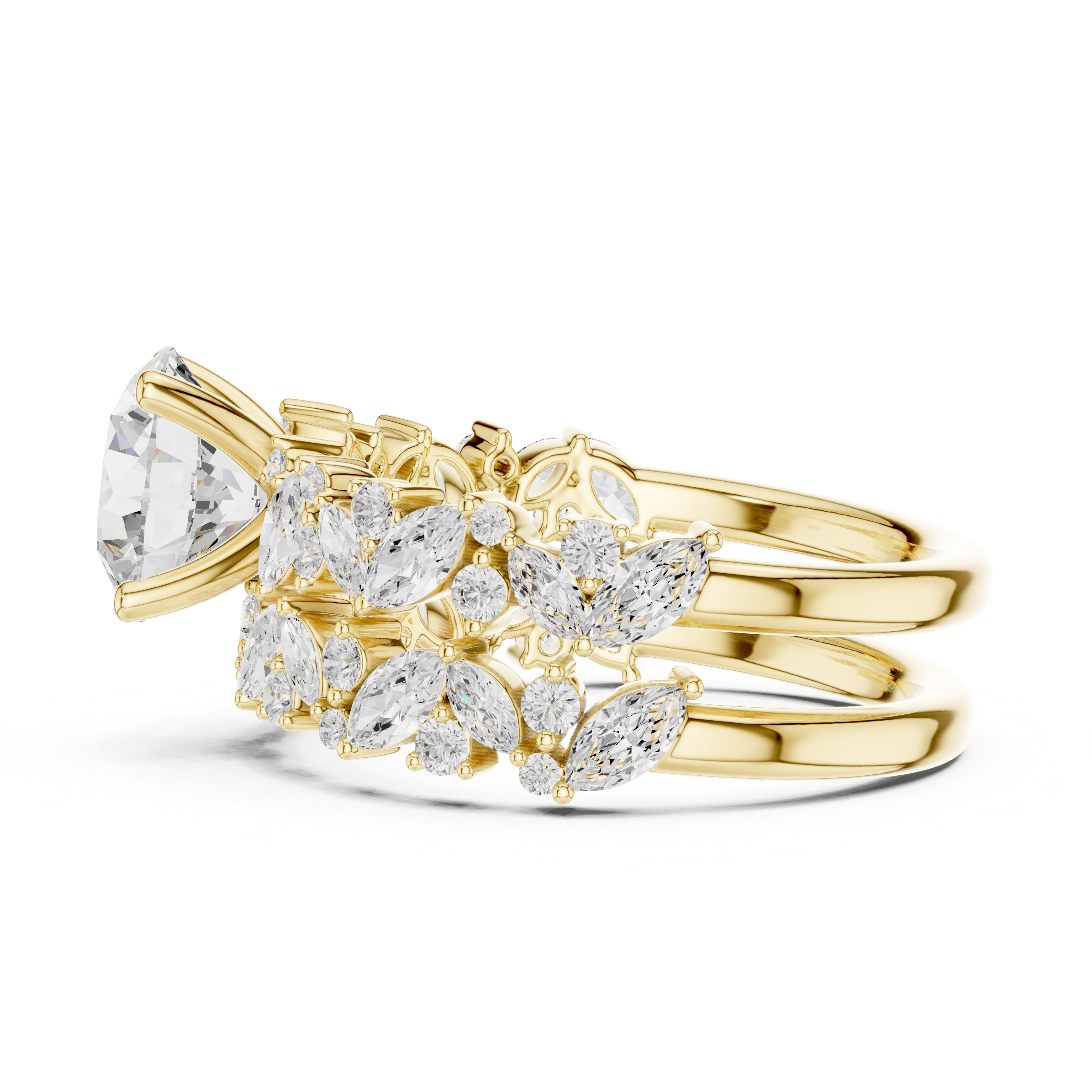Round Brilliant Diamond Bridal Ring Set with Marquise Accent Bands
