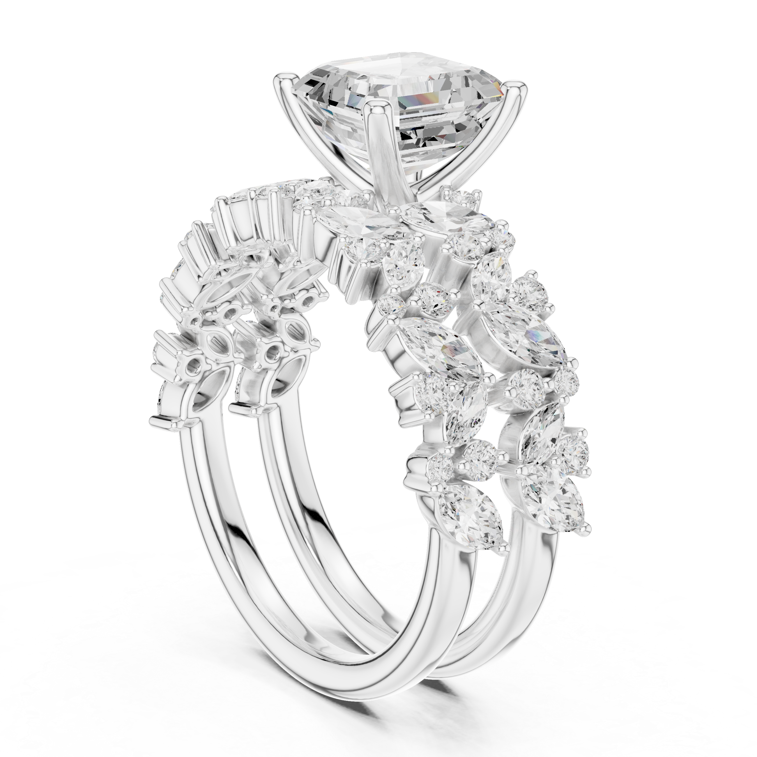 Emerald Cut Diamond Bridal Ring Set with Marquise Accent Bands