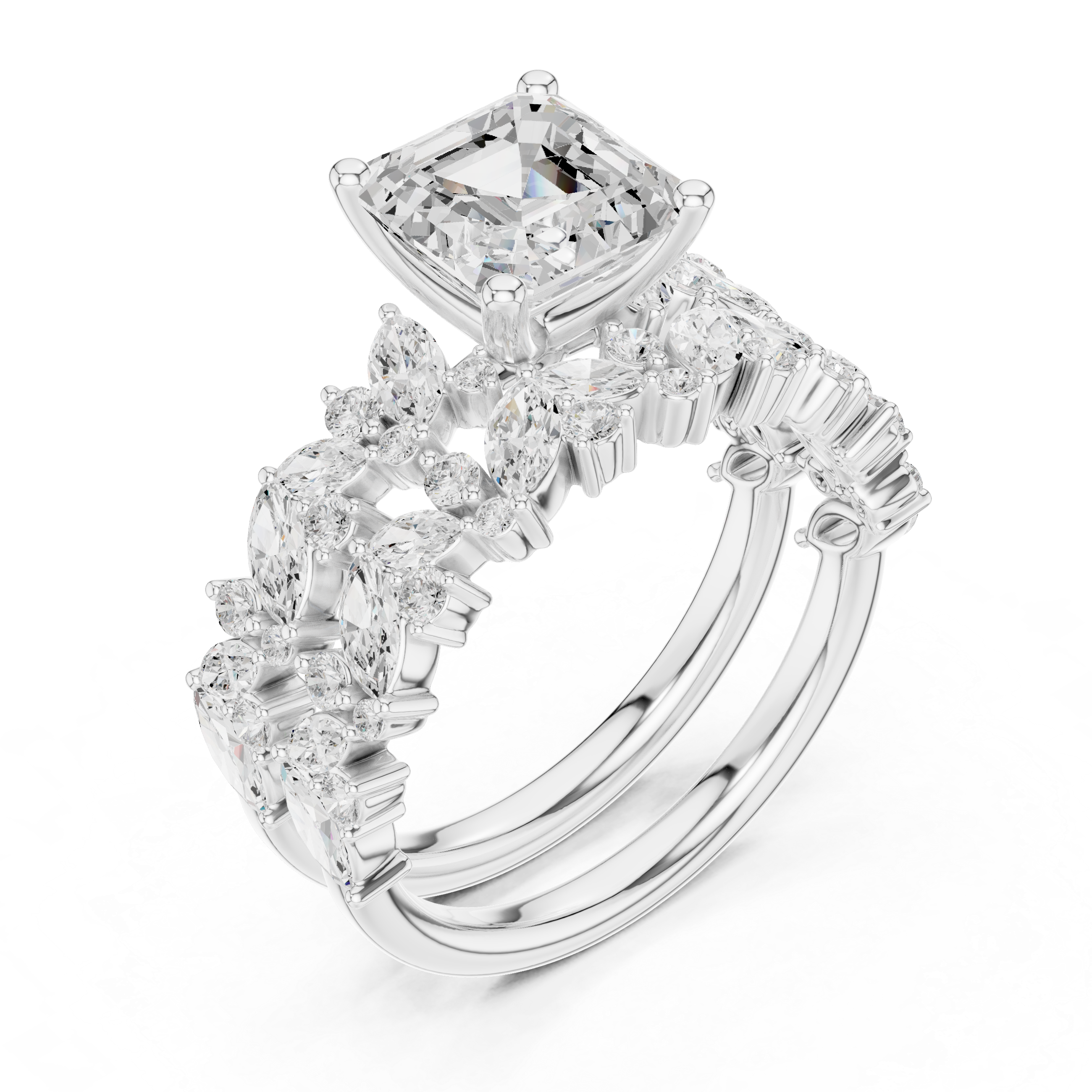 Emerald Cut Diamond Bridal Ring Set with Marquise Accent Bands