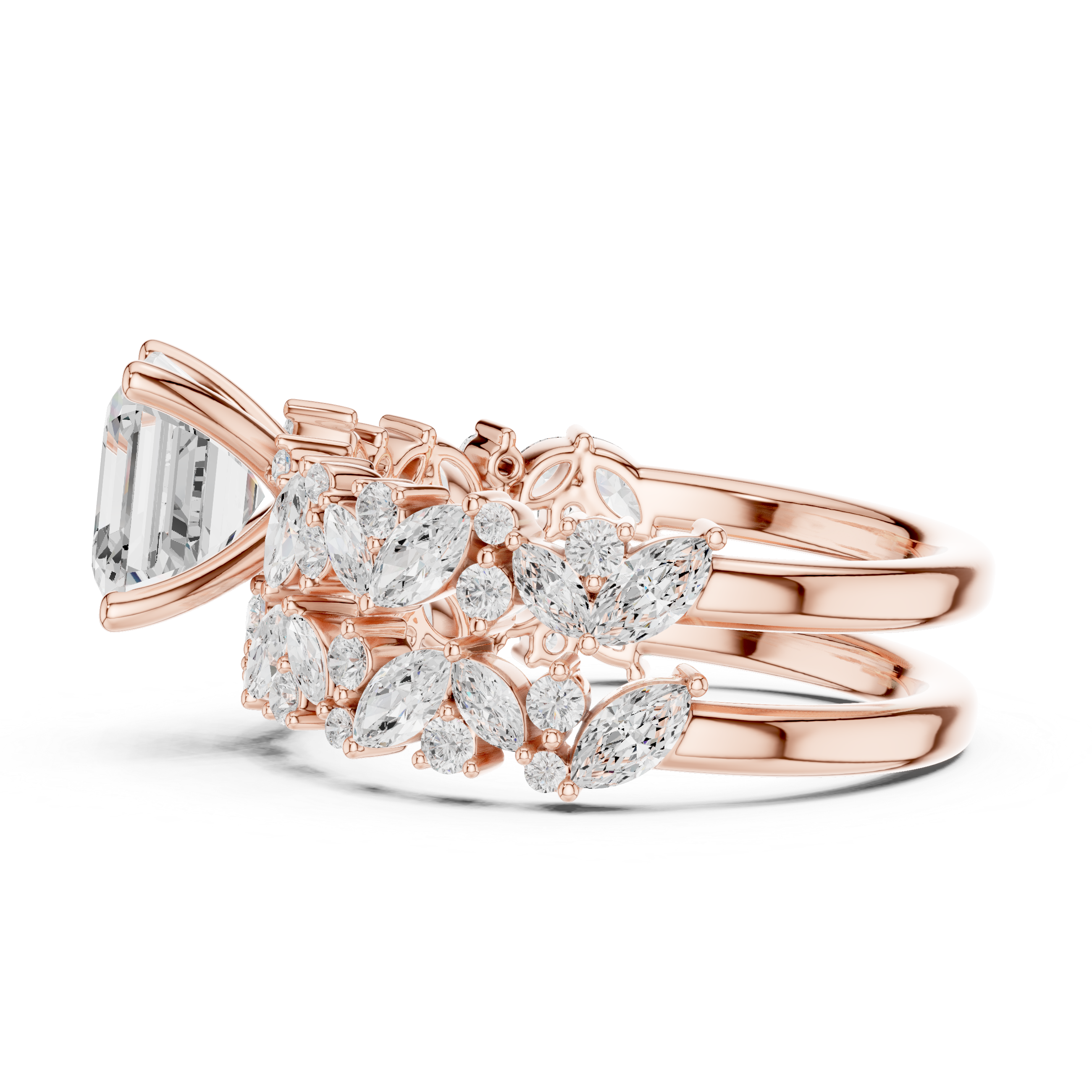 Emerald Cut Diamond Bridal Ring Set with Marquise Accent Bands