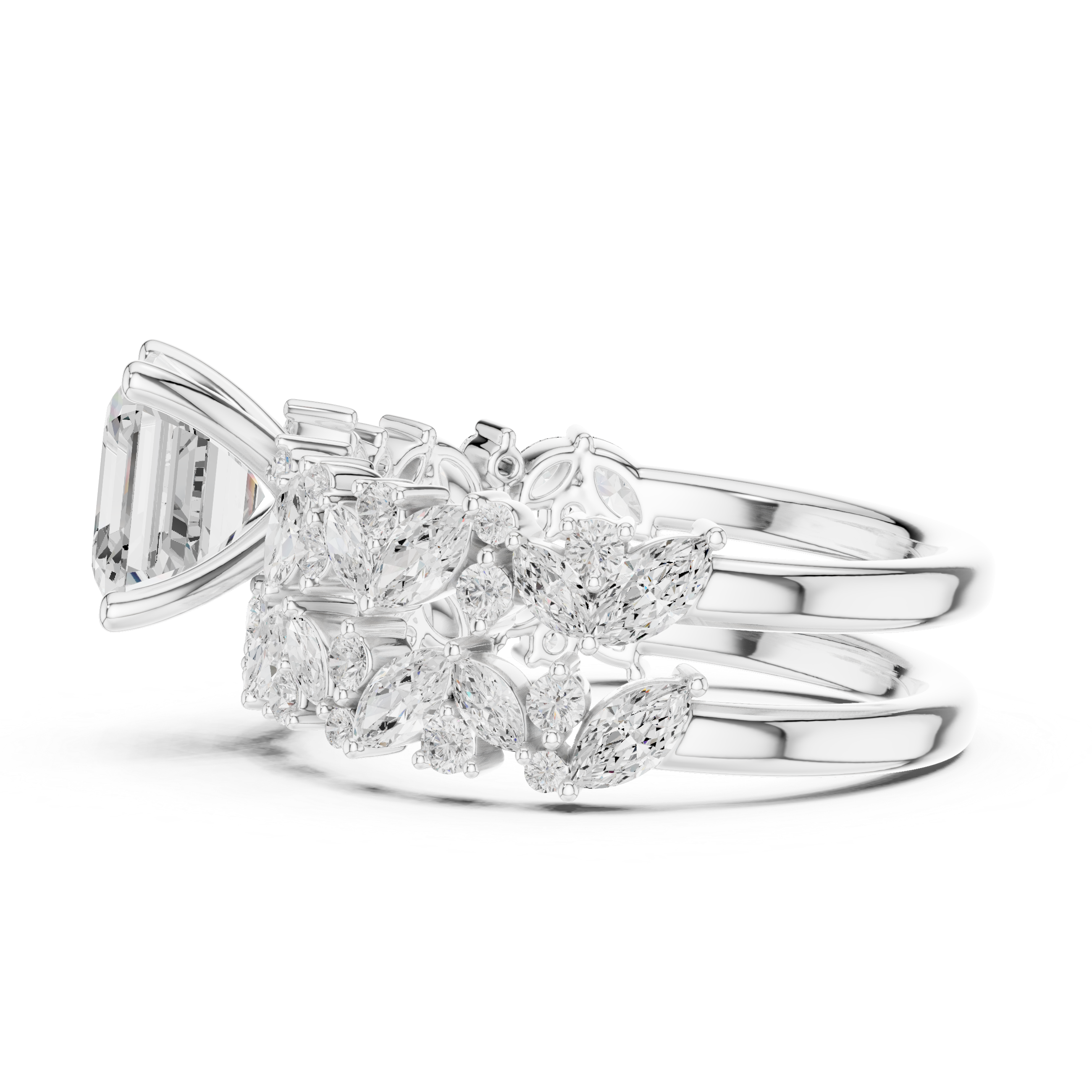 Emerald Cut Diamond Bridal Ring Set with Marquise Accent Bands