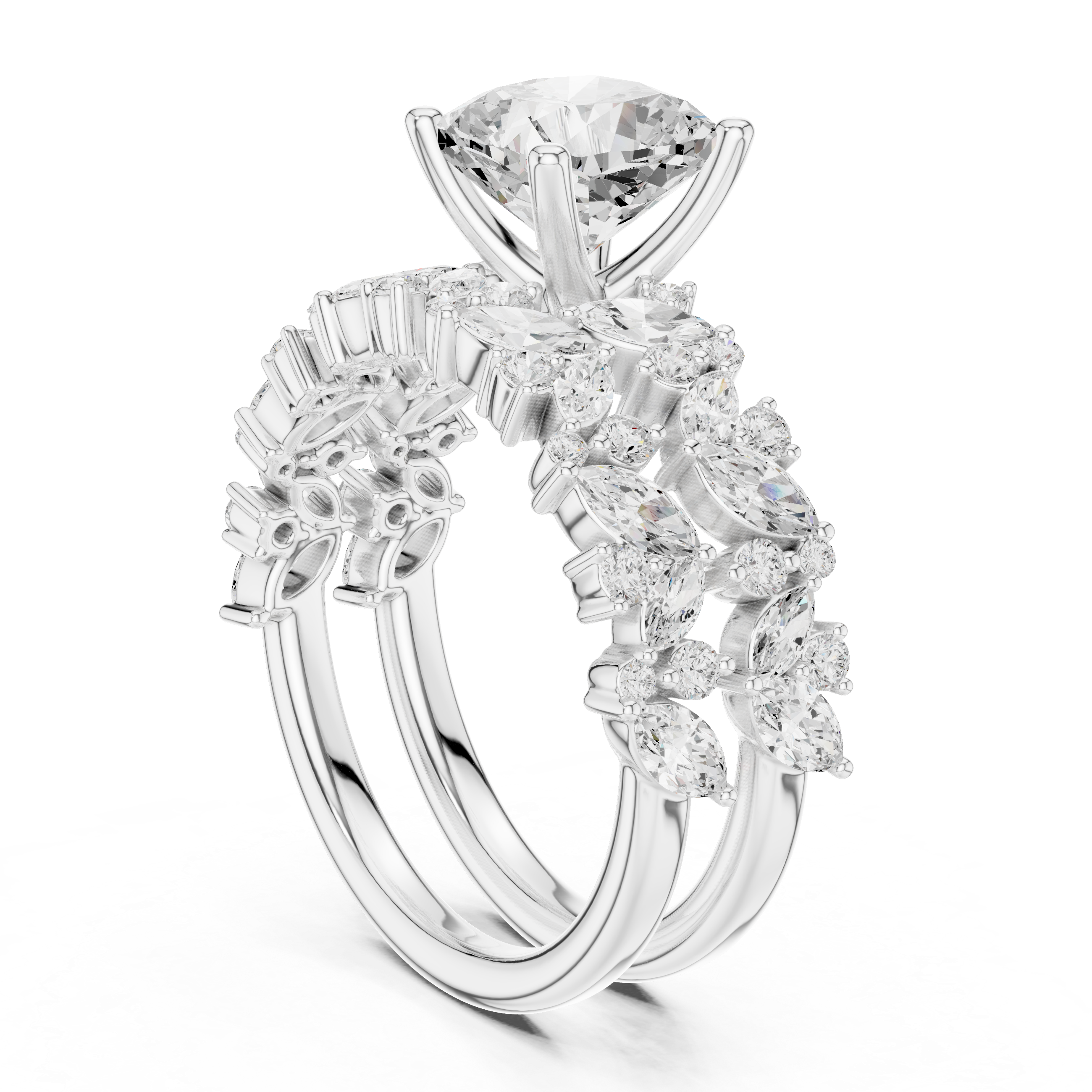 Cushion Cut Diamond Bridal Ring Set with Marquise Accent Bands