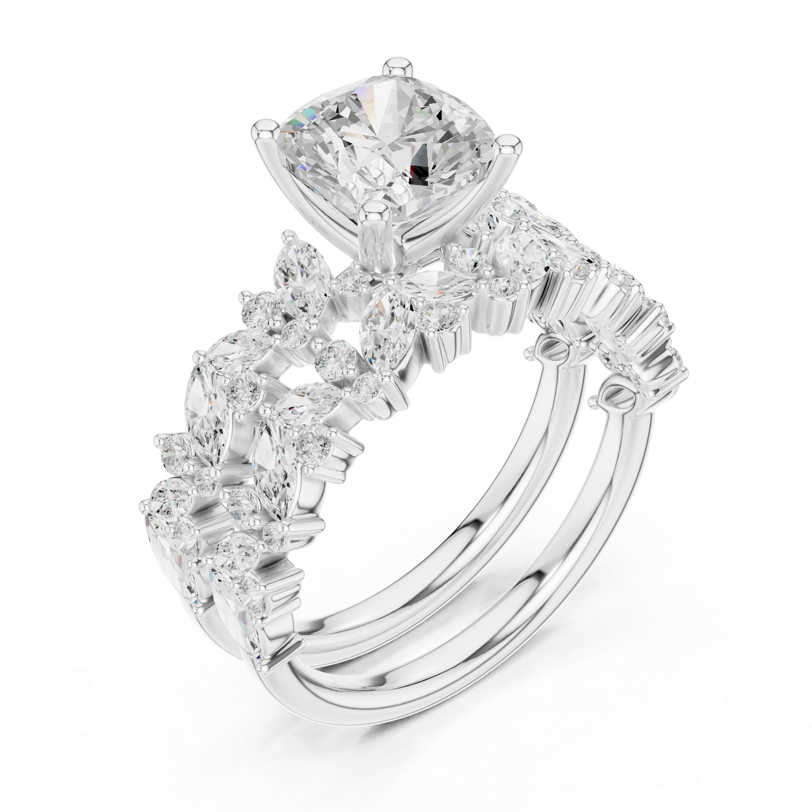 Cushion Cut Diamond Bridal Ring Set with Marquise Accent Bands