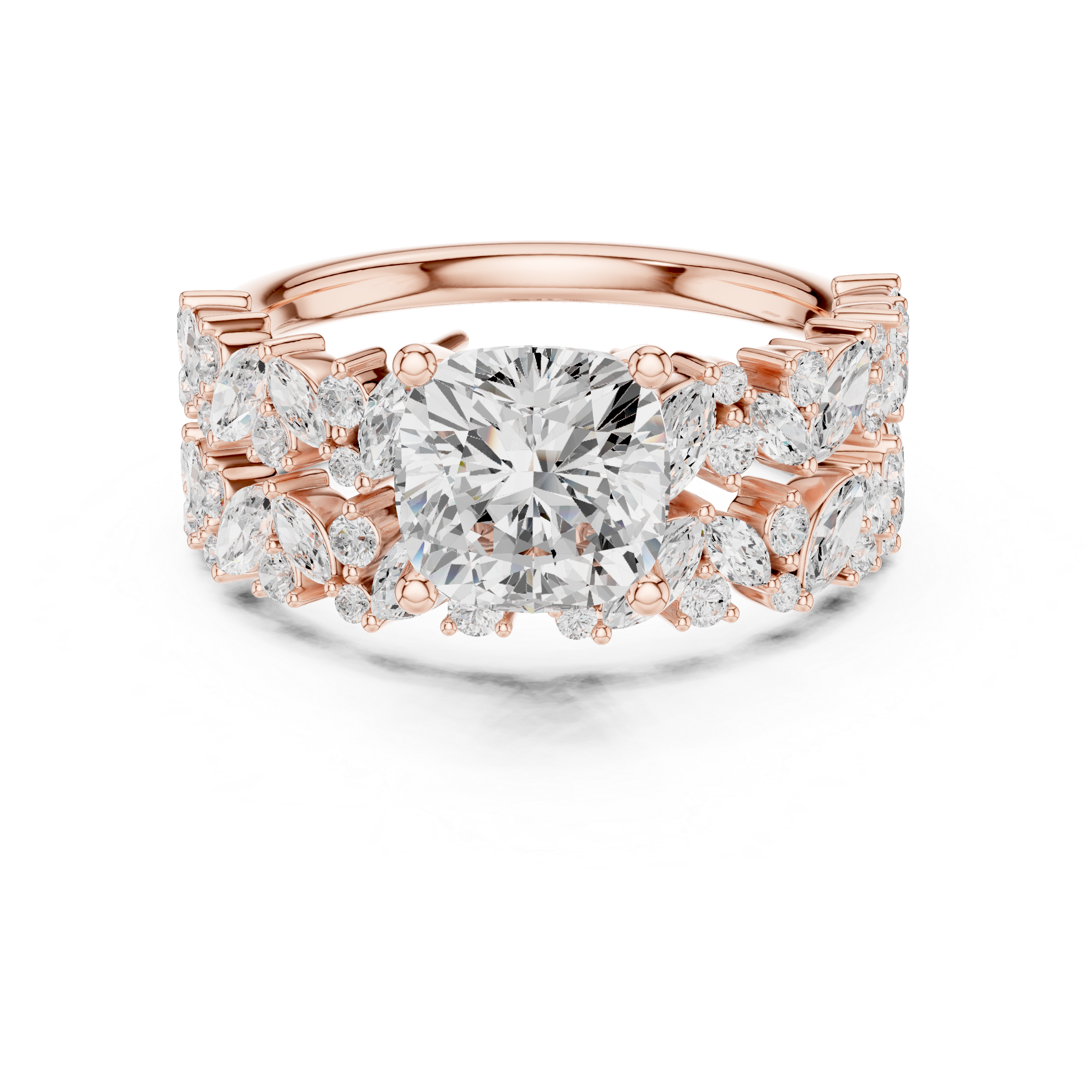 Cushion Cut Diamond Bridal Ring Set with Marquise Accent Bands
