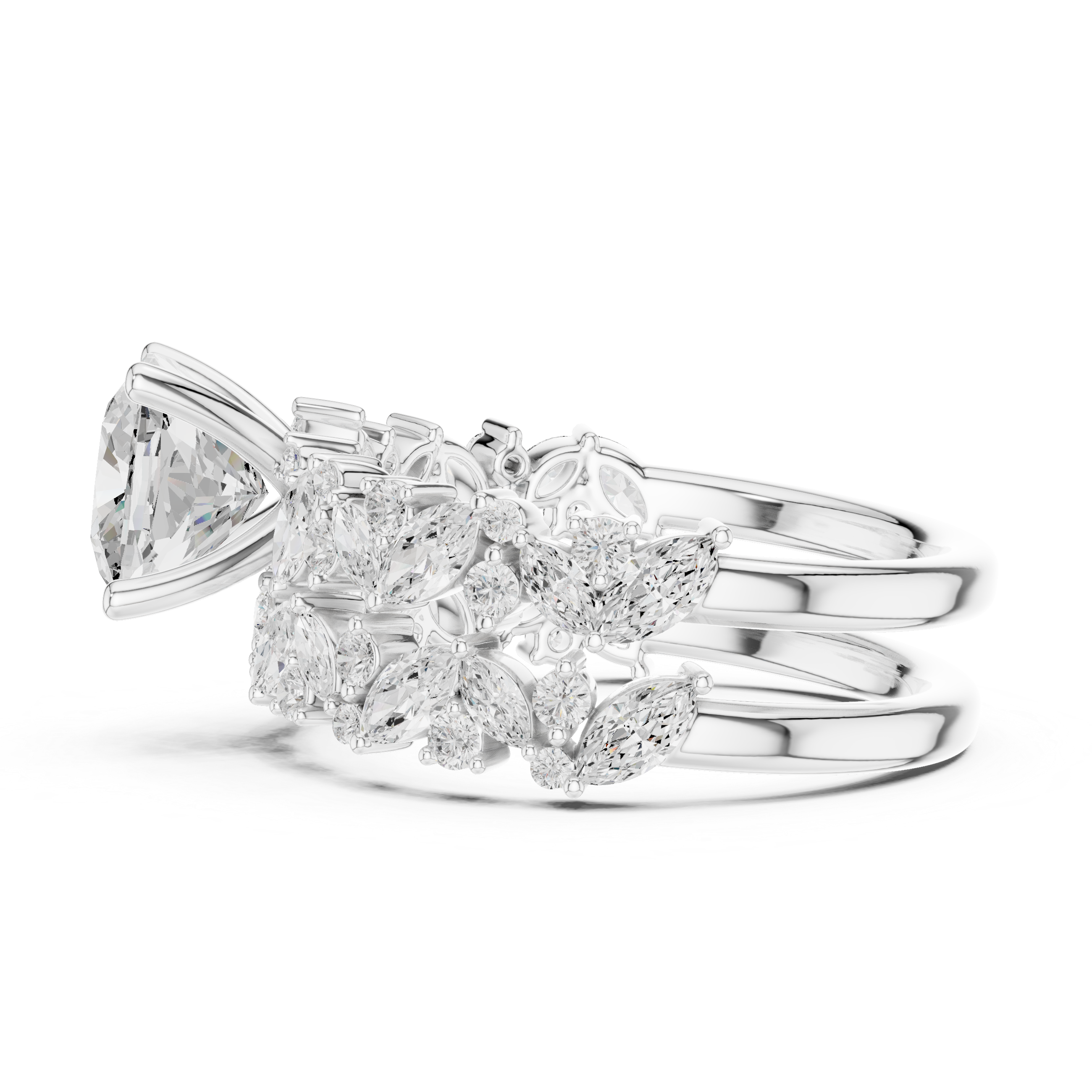 Cushion Cut Diamond Bridal Ring Set with Marquise Accent Bands