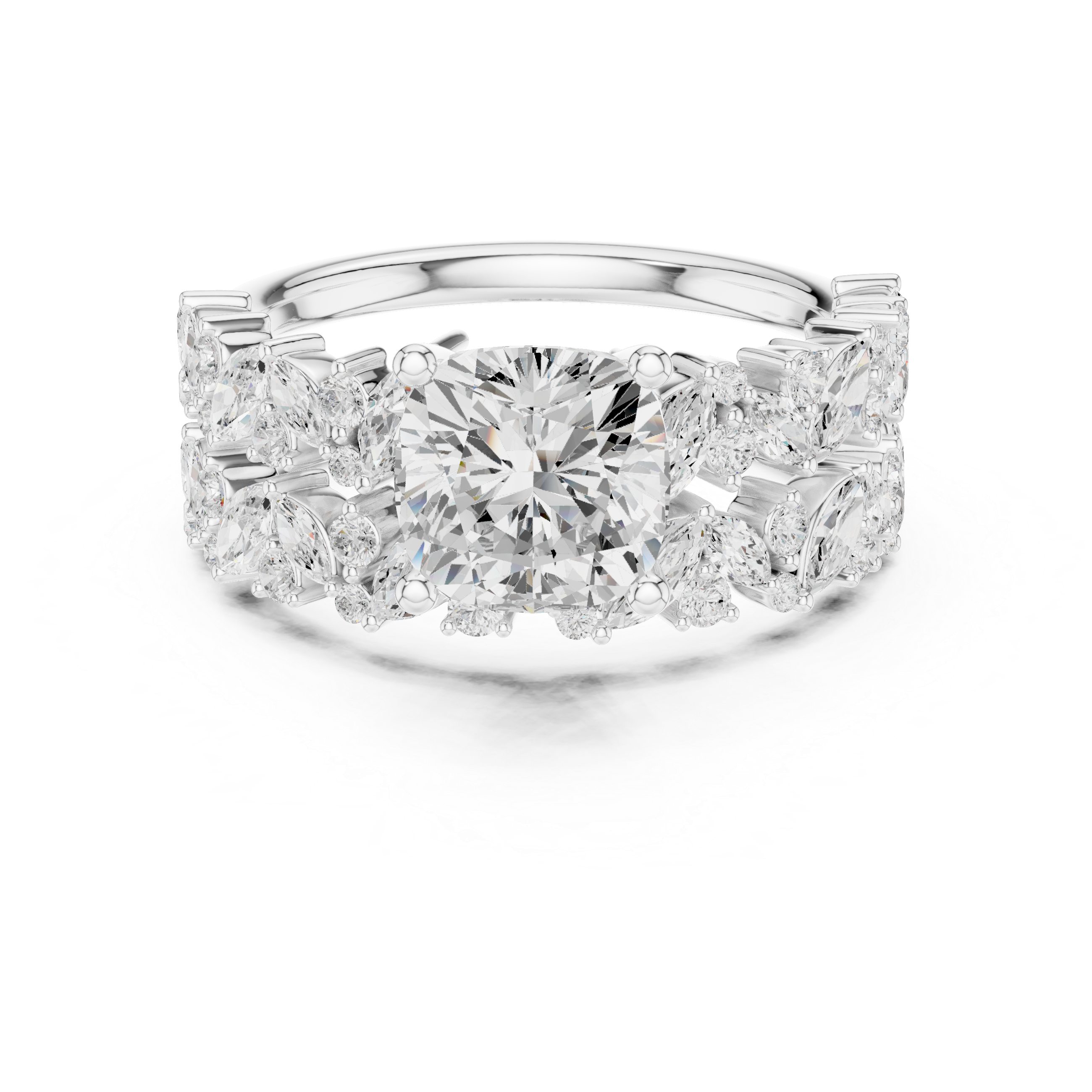 Cushion Cut Diamond Bridal Ring Set with Marquise Accent Bands