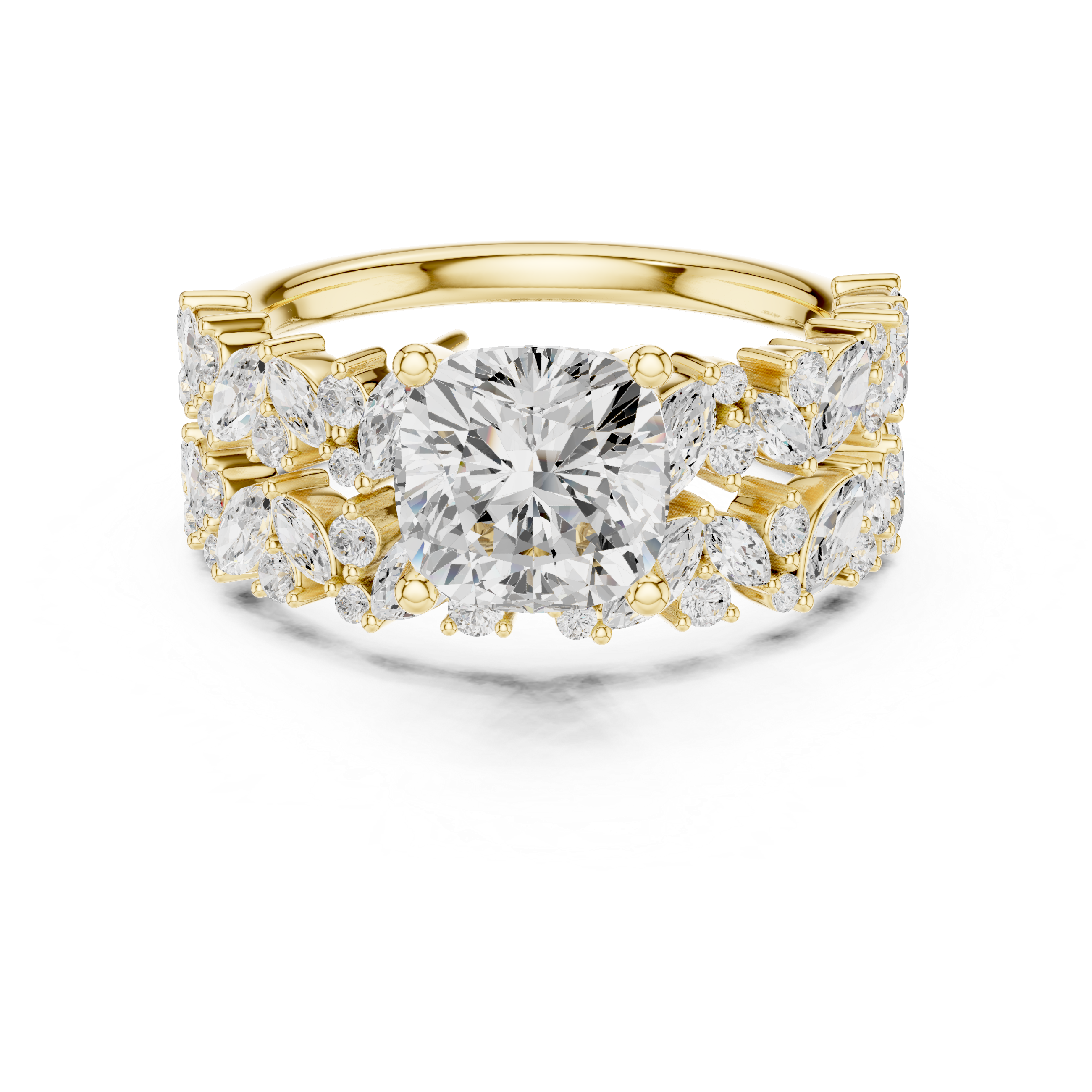 Cushion Cut Diamond Bridal Ring Set with Marquise Accent Bands
