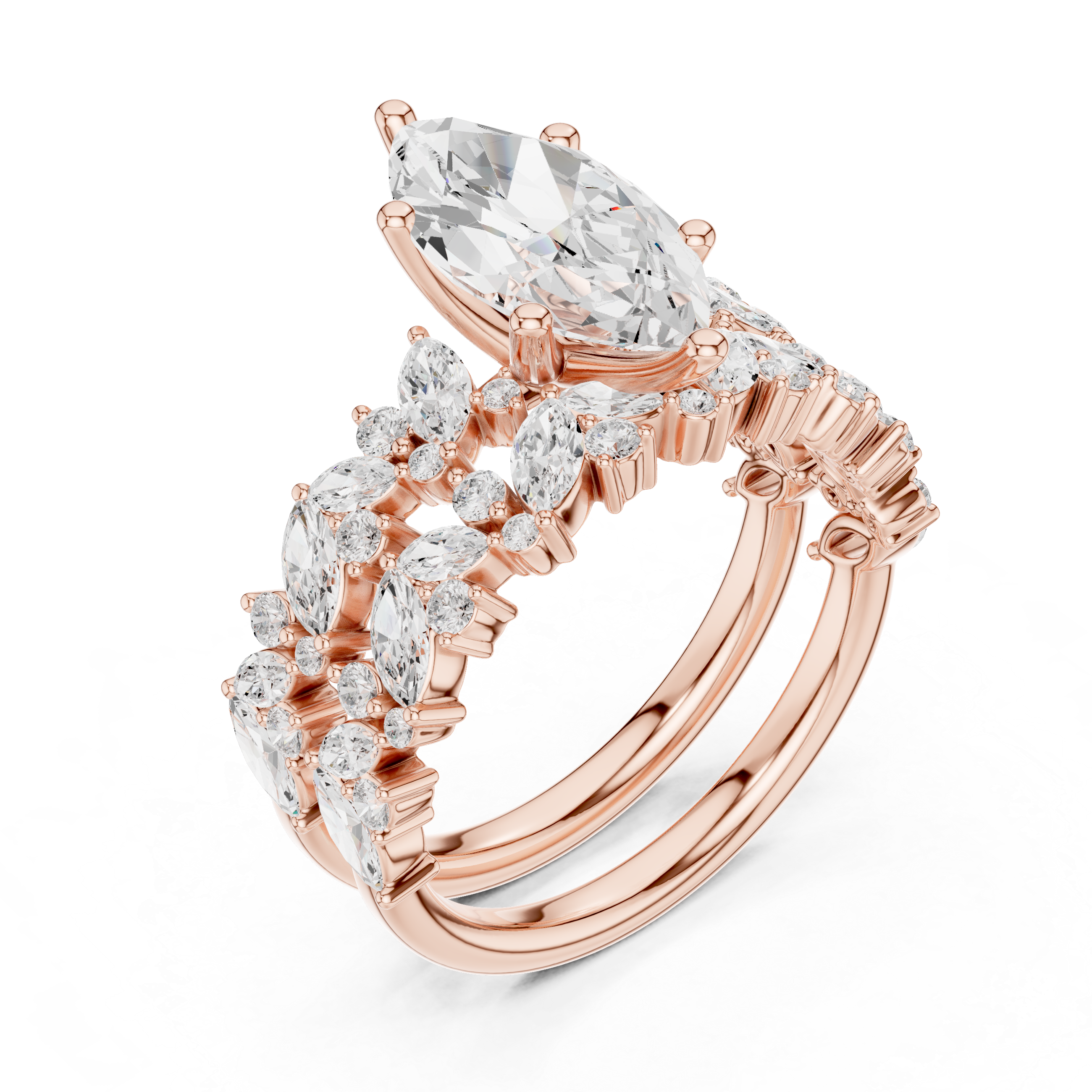 Marquise Cut Diamond Bridal Ring Set with Floral Accent Wedding Bands