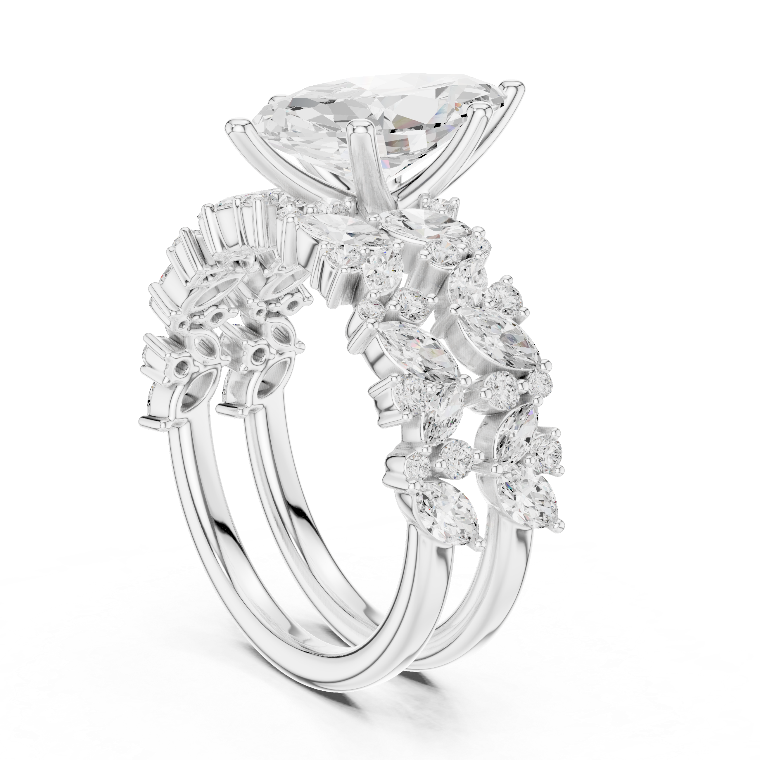 Marquise Cut Diamond Bridal Ring Set with Floral Accent Wedding Bands