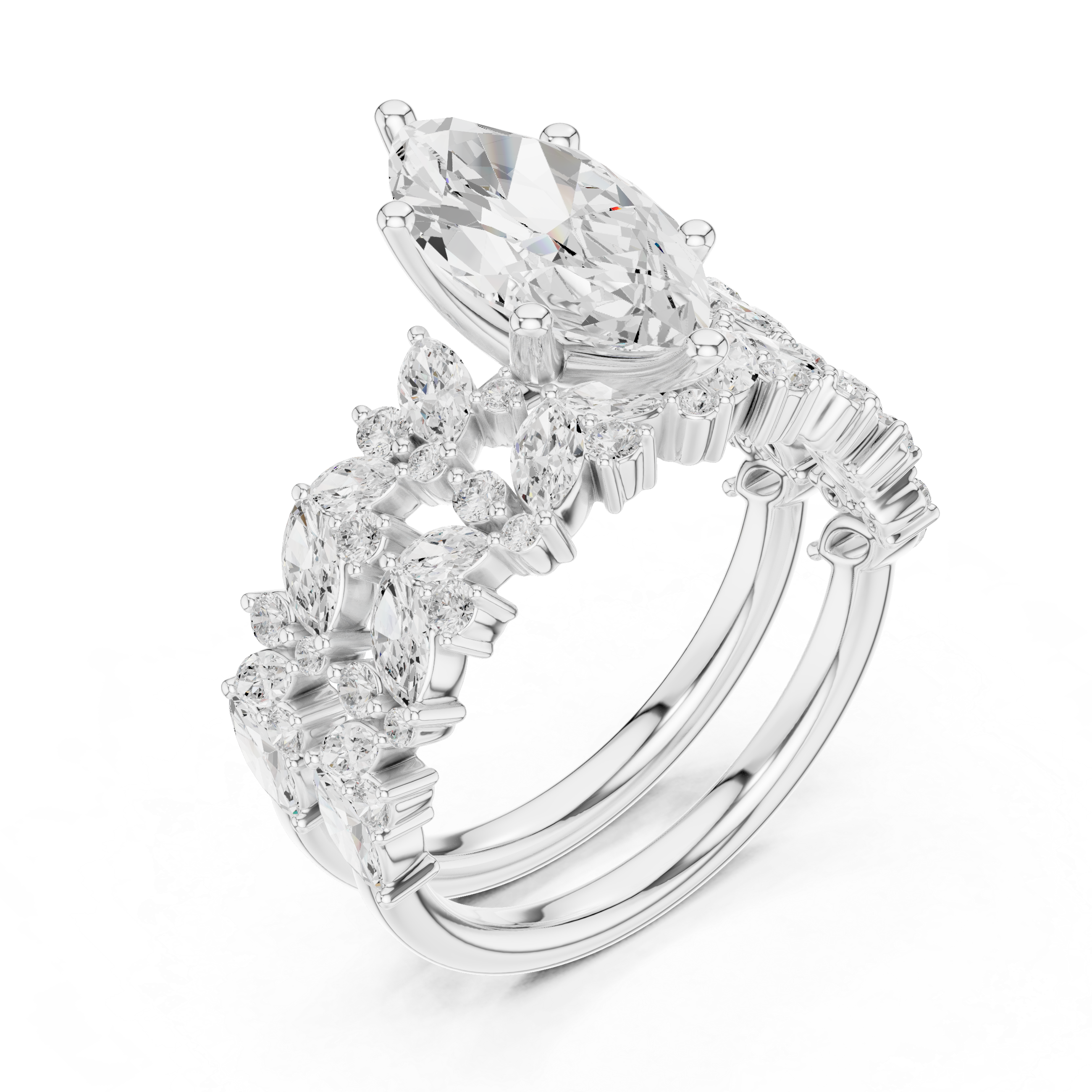 Marquise Cut Diamond Bridal Ring Set with Floral Accent Wedding Bands