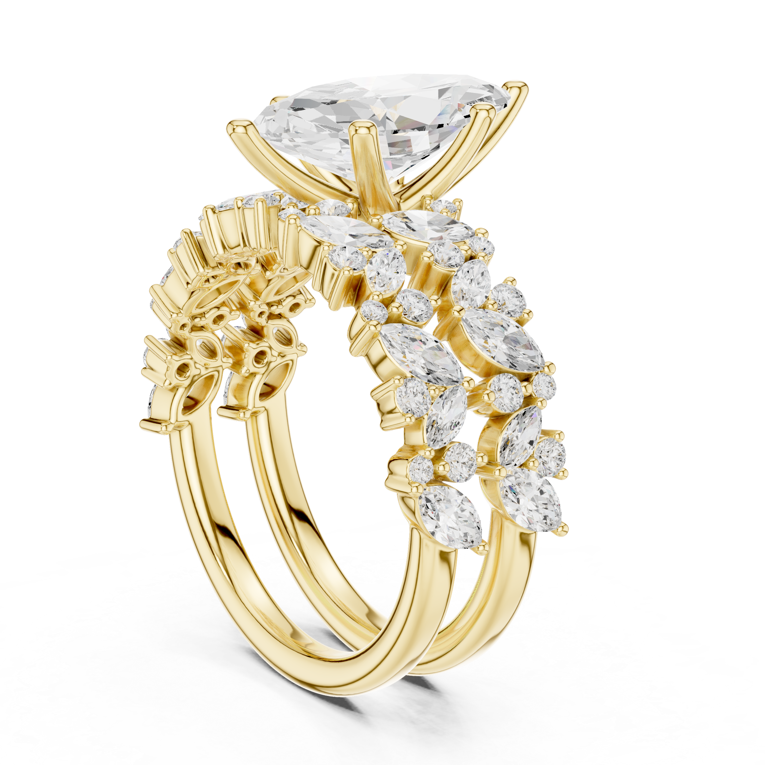 Marquise Cut Diamond Bridal Ring Set with Floral Accent Wedding Bands