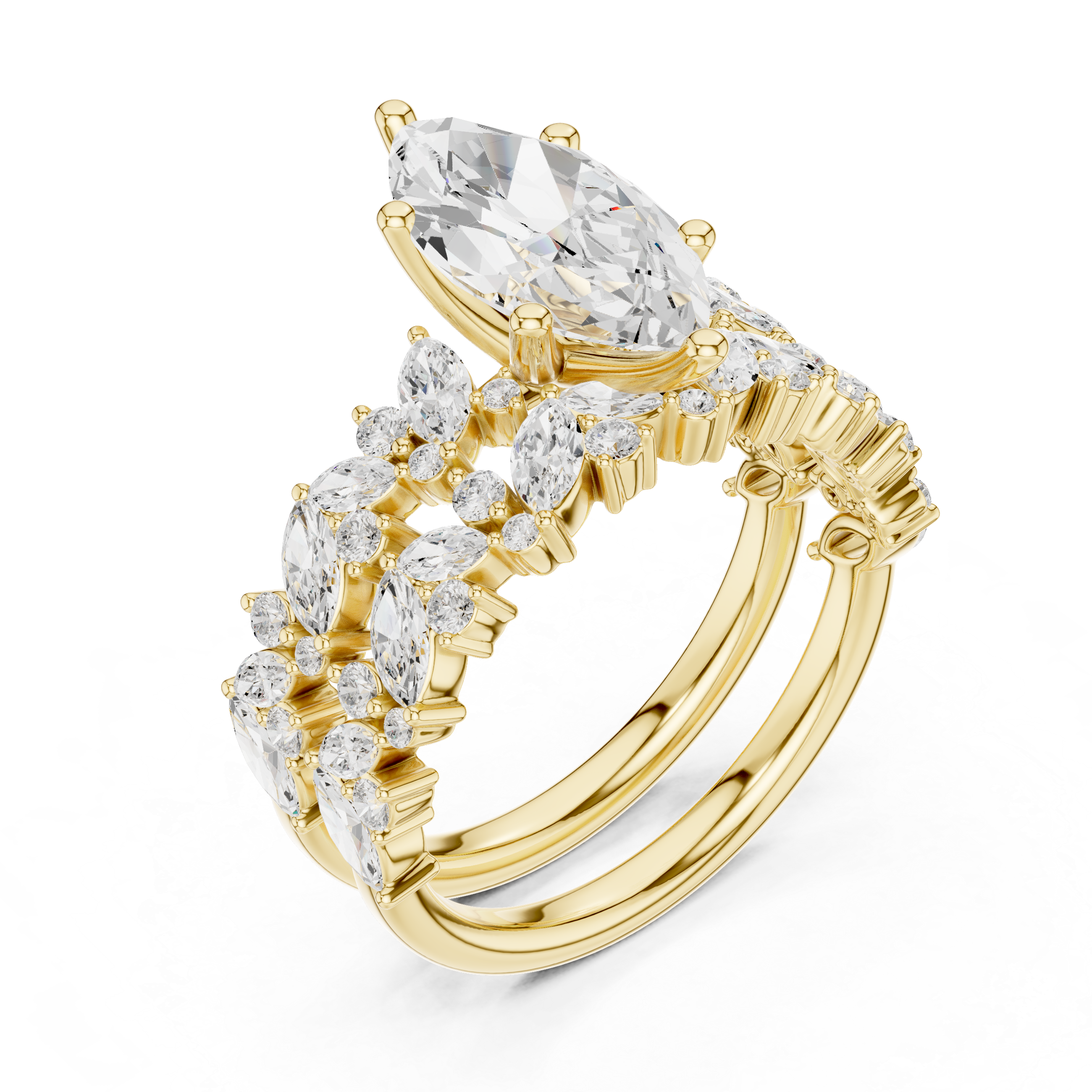 Marquise Cut Diamond Bridal Ring Set with Floral Accent Wedding Bands