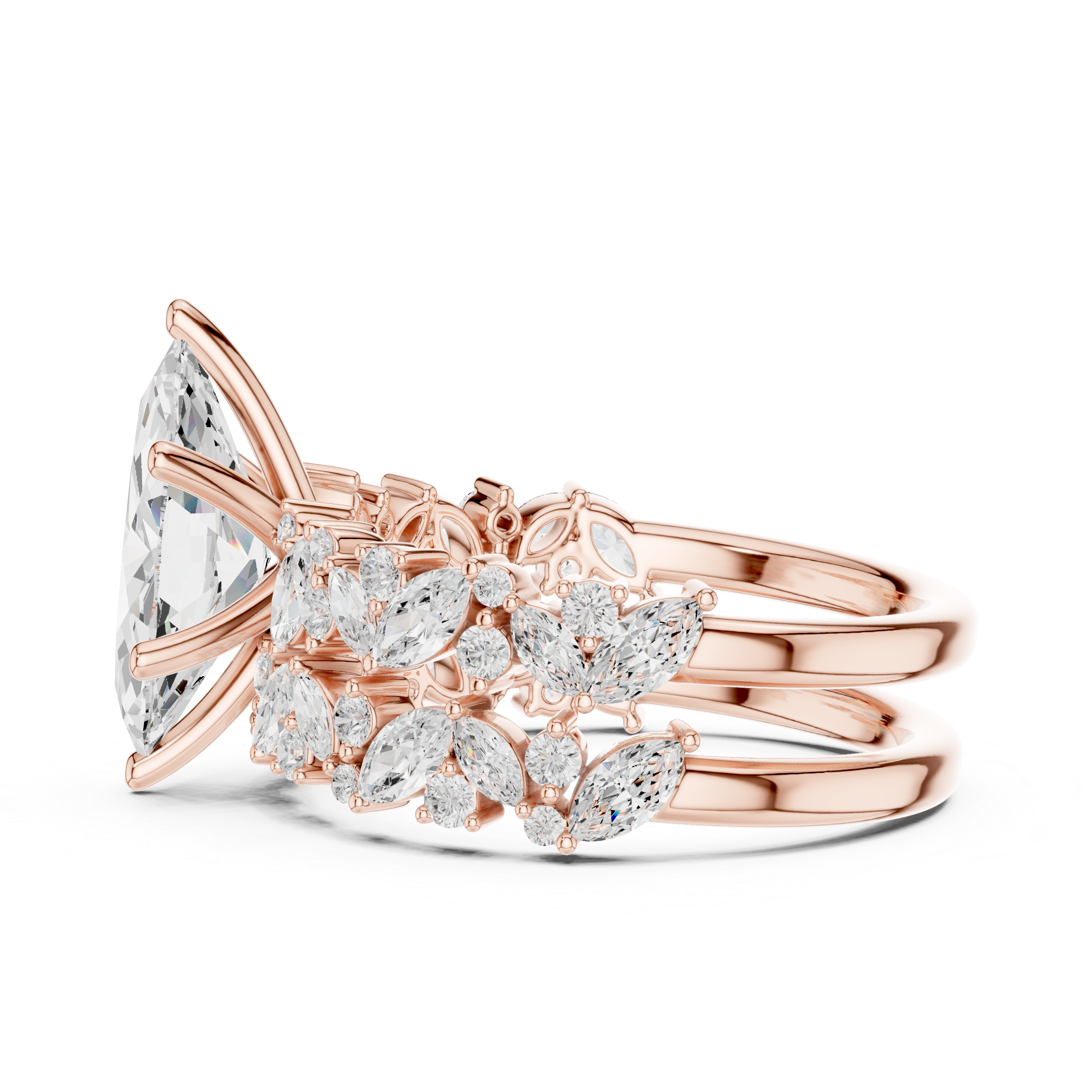 Marquise Cut Diamond Bridal Ring Set with Floral Accent Wedding Bands